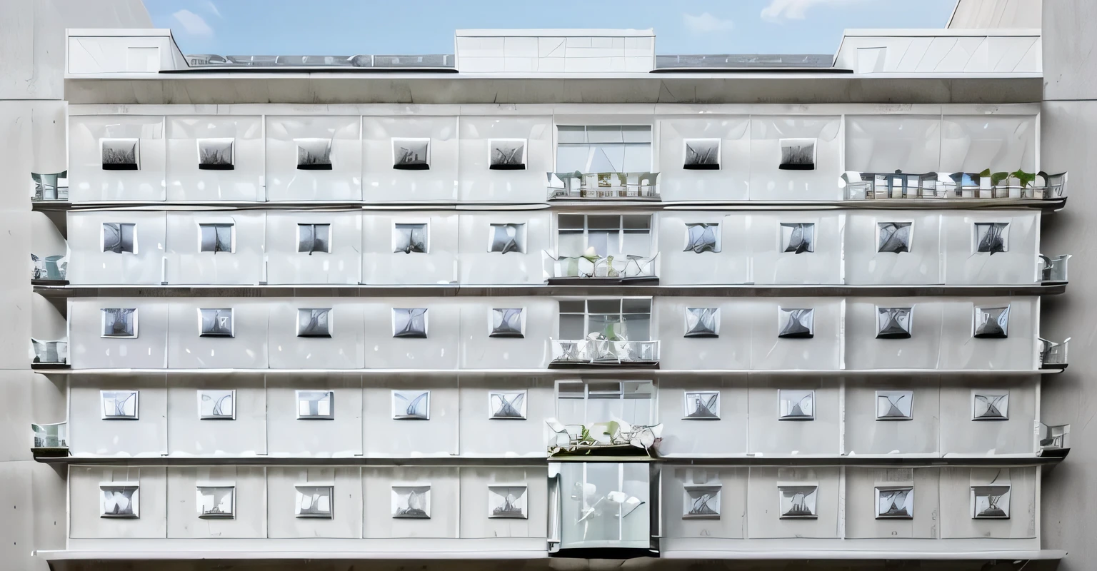 Create an image of'a 5-story reinforced concrete house, garde-corps en acier inoxydable, fenêtres en aluminium et en verre, peinture murale blanche, flower decoration, outdoor space