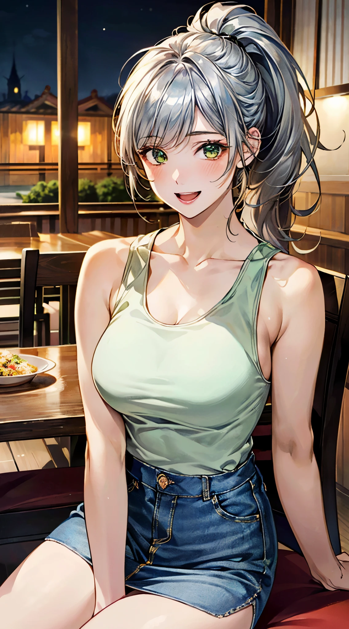 (masterpiece:1.2, top-quality), ultra high res, ultra detailed, (realistic, photorealistic:1.4), beautiful illustration, perfect lighting, colorful, depth of fields, 
looking at viewer, full body, front view:0.6, 1 girl, solo, japanese, university student, (large breasts:0.8, large ass, seductive thighs, skindentation),
(long hair:1.5, messy hair:1.2, ponytail), silver hair, asymmetrical bangs, emerald green eyes, (shiny skin), 
beautiful hair, beautiful face, extremely detailed face, beautiful detailed eyes, beautiful clavicle, beautiful body, beautiful chest, beautiful thigh, beautiful legs, beautiful fingers, 
(beautiful scenery), night, (modern), dining room, dining table, dining chair,
((yellow tank top, denim mine skirt)), bare legs, black sports bra, 
(sitting chair, grasp the rice paddlewith your right hand, grasp the rice bowl with your left hand), (happy smile, open mouth), 