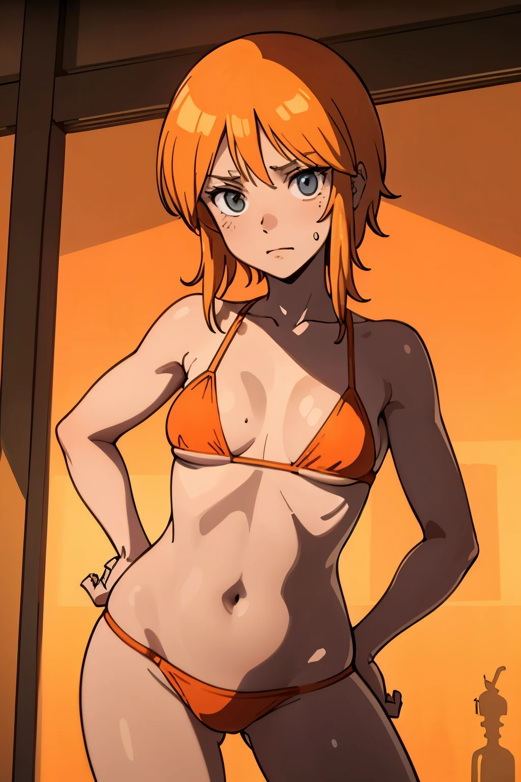 best quality, masterpiece, silhouette light, elpeople, (contrapposto:1.2), head shot, sweating a lot, bright orange bikini, (medium breast:1.4), messy and tiny japanese room