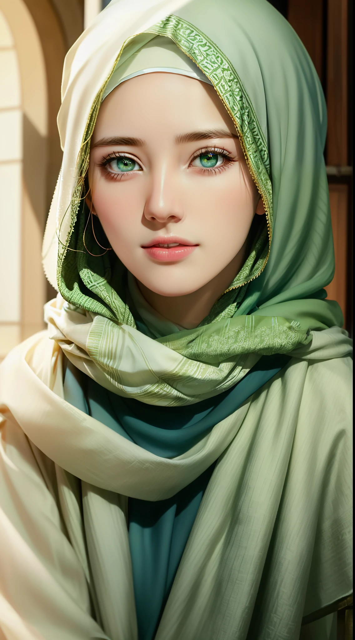 1lady , solo, beautiful face, high detailed realistic green eyes, double eyelids, high detailed realistic pupils, (upon body from head to waist:1.36), (wearing hijab:1.37), (moslem headscarf:1.37), reading glasses, sitting alone on a long chair, amazing mosque park background, taj mahal, best quality, masterpiece, highres, black and white moslem female dress, Beautiful face, (upon body from head to waist:1.35), tyndall effect, photorealistic, dark studio, two tone lighting, 8k uhd, dslr, soft lighting, high quality, volumetric lighting, candid, Photograph, high resolution, 4k, 8k, Bokeh, (hyperrealistic girl), (illustration), (high resolution), (extremely detailed), (best illustration), (beautiful detailed eyes), (best quality), (ultra-detailed), (masterpiece), (wallpaper), (photorealistic), (natural light), (rim lighting), (detailed face), (high detailed realistic skin face texture), (anatomically correct), (heterochromic eyes), (detailed eyes), (sparkling eyes), (dynamic pose), (hair completely covered by the hijab:1.35), looking to viewer
