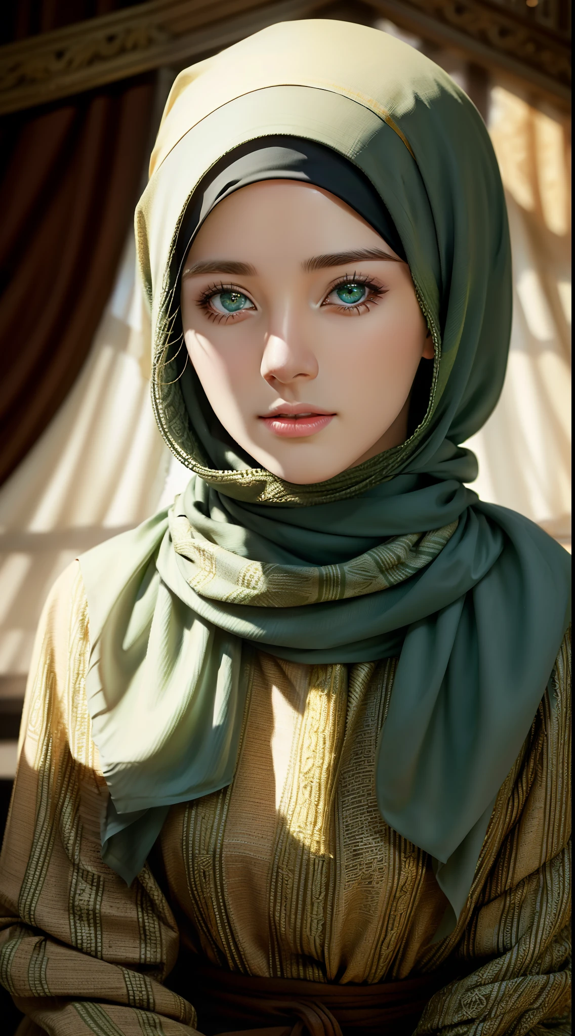 1lady , solo, beautiful face, high detailed realistic green eyes, double eyelids, high detailed realistic pupils, (upon body from head to waist:1.36), (wearing hijab:1.37), (moslem headscarf:1.37), reading glasses, sitting alone on a long chair, amazing mosque park background, taj mahal, best quality, masterpiece, highres, black and white moslem female dress, Beautiful face, (upon body from head to waist:1.35), tyndall effect, photorealistic, dark studio, two tone lighting, 8k uhd, dslr, soft lighting, high quality, volumetric lighting, candid, Photograph, high resolution, 4k, 8k, Bokeh, (hyperrealistic girl), (illustration), (high resolution), (extremely detailed), (best illustration), (beautiful detailed eyes), (best quality), (ultra-detailed), (masterpiece), (wallpaper), (photorealistic), (natural light), (rim lighting), (detailed face), (high detailed realistic skin face texture), (anatomically correct), (heterochromic eyes), (detailed eyes), (sparkling eyes), (dynamic pose), (hair completely covered by the hijab:1.35), looking to viewer