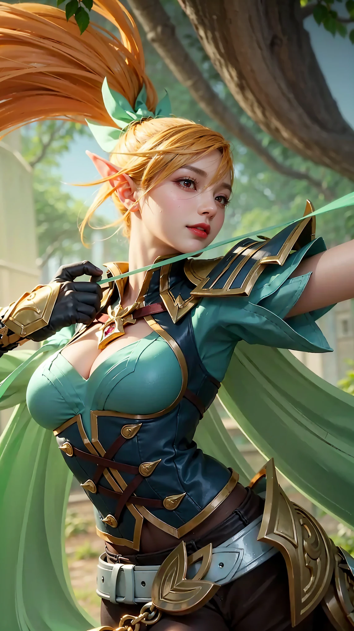 (female:1.2), 8k, ultra hd, ultra detailed texture, hyper realistic, masterpiece, detailed texture, detailed face, detailed skin, detailed lighting, (photorealistic:1.5), best quality, beautiful lighting, cinematic lighting, professional lighting, ultra highres, realistic, detailed hair, real hair, high quality, (realskin:1.5), extremely detailed, finely detail, ultra-detailed, 1girl, solo, elf, pointy ears, standing, demon horns, forehead protector, (red eyes:1.5), v-shapped eyebrow, lips, red lips, evil smile, nose, make up, pretty, beautiful, cute face, long hair, blue hair, high ponytail, large breasts, cleavage, armpit, navel, stomach, black armor, pauldrons, bare shoulders, shoulder armor, thigh high, sleevless, detached sleeves, breastplate, gauntlets, karina \(mobile legends\), depth of field, looking aways, white skin, skin tight, amazing pose, outdoors, glowing, dark view, elf ear