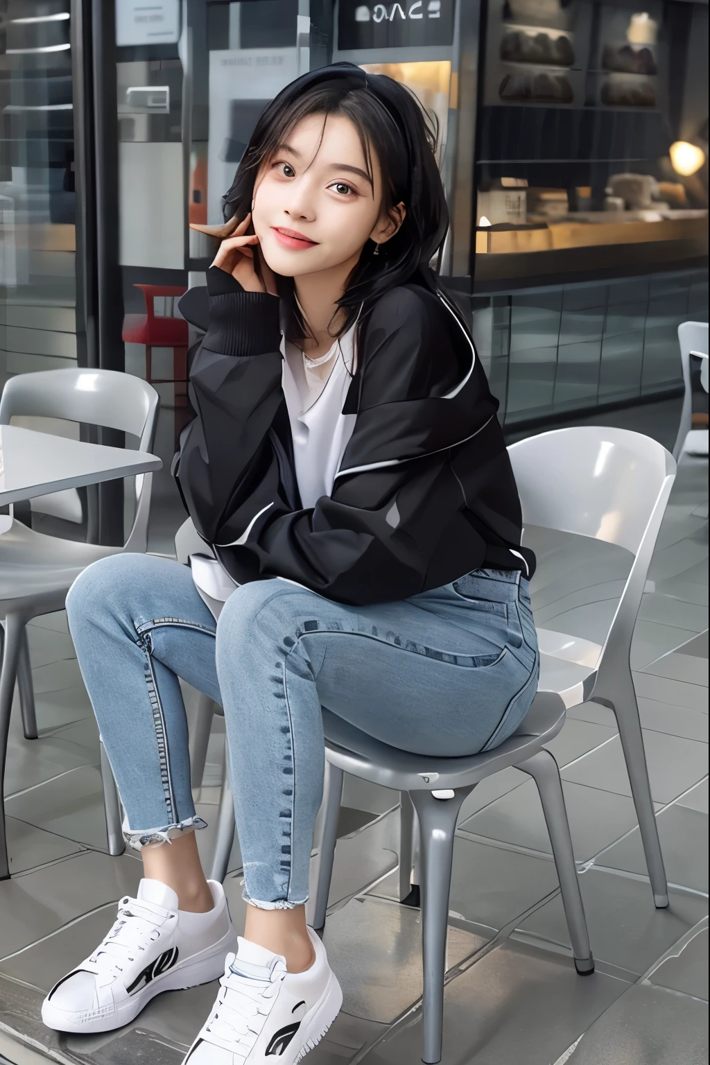 beautiful detailed eyes,delicate beautiful face,、black hair、blouse、skinny denim、converse sneakers、Gray socks、wearing socks、refreshing smile、smile showing teeth、full body photo、hat