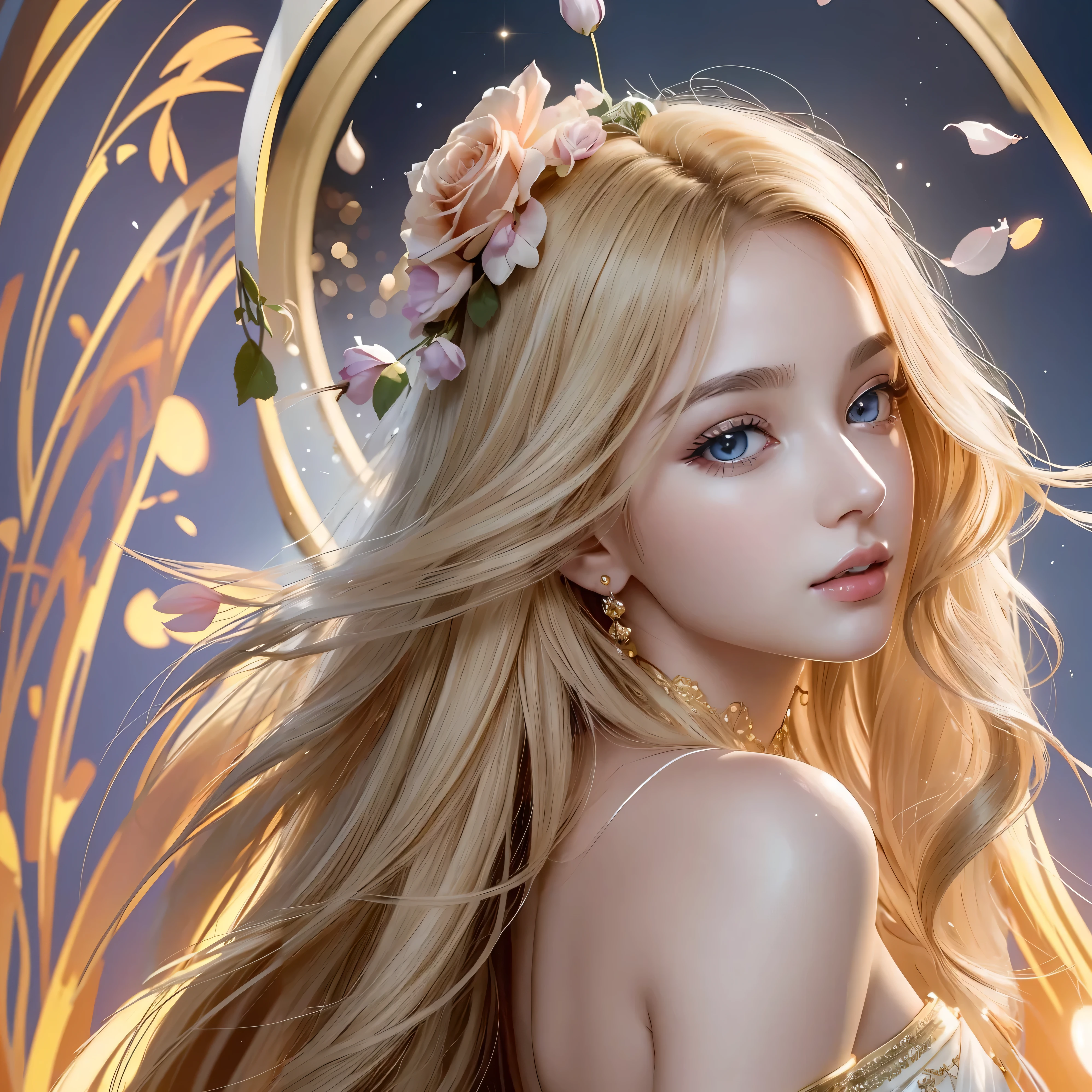 Blonde girl with a flower crown in a white dress with gold trim, long hair blonde anime girl, 8K high quality detailed art, anime goddess, extremely detailed germ of art, trending on cgstation, Gwaites style artwork, up to the model | germ of art, blonde princess, Smooth anime CG art, germ of art. high detail
