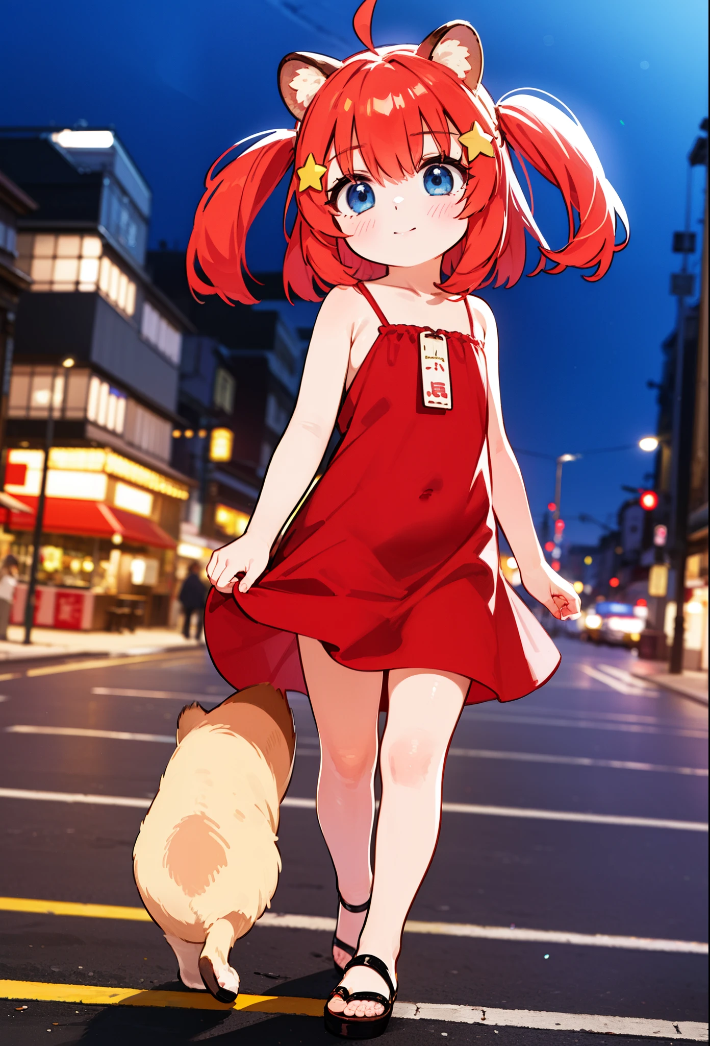 Satsuki Nakano, Itsuki Nakano, bangs, blue eyes, hair between eyes, Ahoge, redhead, star \(symbol\), hair ornaments, smile,blush,star hair ornaments,animal ears Raccoon ears,animal tail raccoon dog caudal fin,naked neck,bare clavicle,bare shoulders,medium chest,red official shoulder dress,long skirt,very sandals,turn around,city,Walking outdoors, city
壊す (masterpiece:1.2), highest quality, High resolution, unity 8k wallpaper, (shape:0.8), (beautiful and detailed eyes:1.6), highly detailed face, perfect lighting, Very detailed CG, (perfect hands, perfect anatomy),