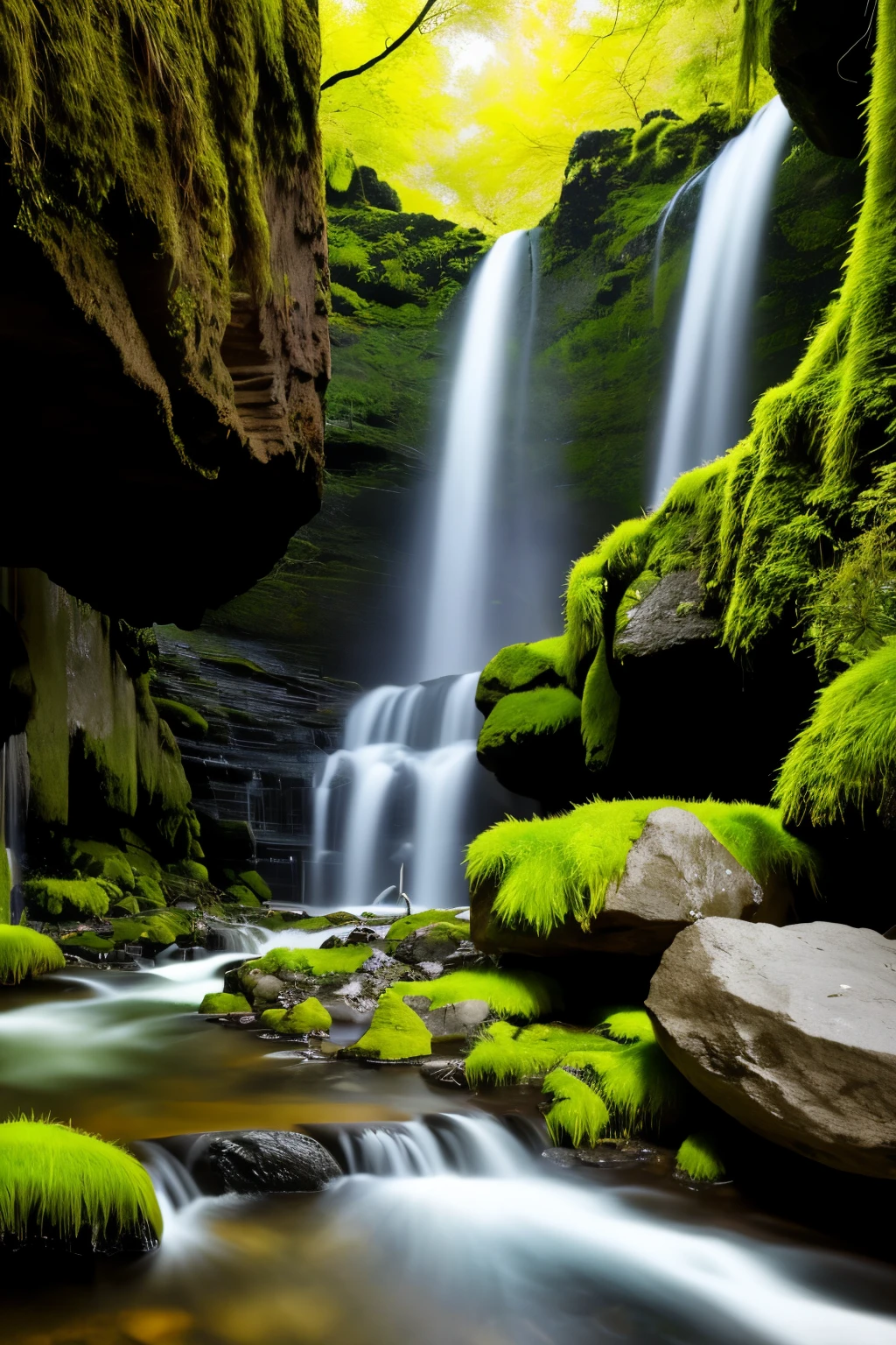 ehold an amazing waterfall in 4K high definition, cascading down from a towering cliff in pristine detail. The liquid crystals of the water shimmer in the sunlight, creating a breathtaking spectacle of nature's raw power. The surrounding foliage and mossy stones add to the textured depth of the scene, making it a truly mesmerizing masterpiece for any nature enthusiast or wallpaper aficionado. (masterpiece: 1.9, best quality: 1.1, extremely detailed CG unity 8k wallpaper, dramatic lighting, high contrast, dynamic angles, vibrant colors, crystal-clear reflections).