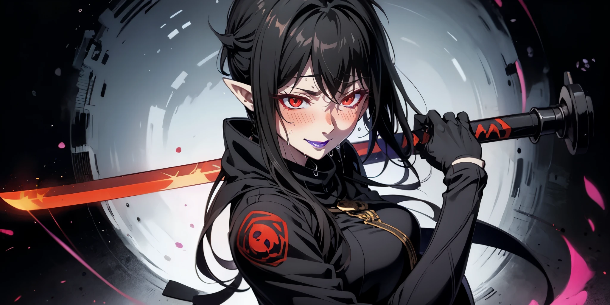 red eyes, pointy ears, long black hair, purple lipstick, makeup, pale skin, anatomically correct, masterpiece, award winning, ccurate, textured skin, anatomically correct,
1gril, looking at viewer, glowing red eyes, grab Muramasa sword in right_hand, Battōjutsu pose, metal glowing,  glowing blade, cinematic lighting, motion lines, chiaroscuro, hollow eyes, facing viewer, smirk, upper teeth, purple lips, red eyes, blush, sweating, wet, looking at viewer,