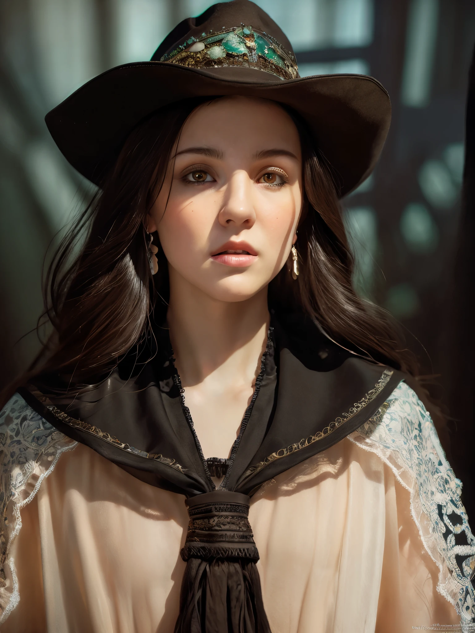 Hyperrealist portrait of female by david hockney and alphonse mucha,fantasy art, photo realistic, dynamic lighting, artstation, poster, volumetric lighting, very detailed faces, 4 k, award winning,, 1girl, in the dark, deep shadow, low key,cowboy shot,(official clothing:1.4) ,long hair,white hair,