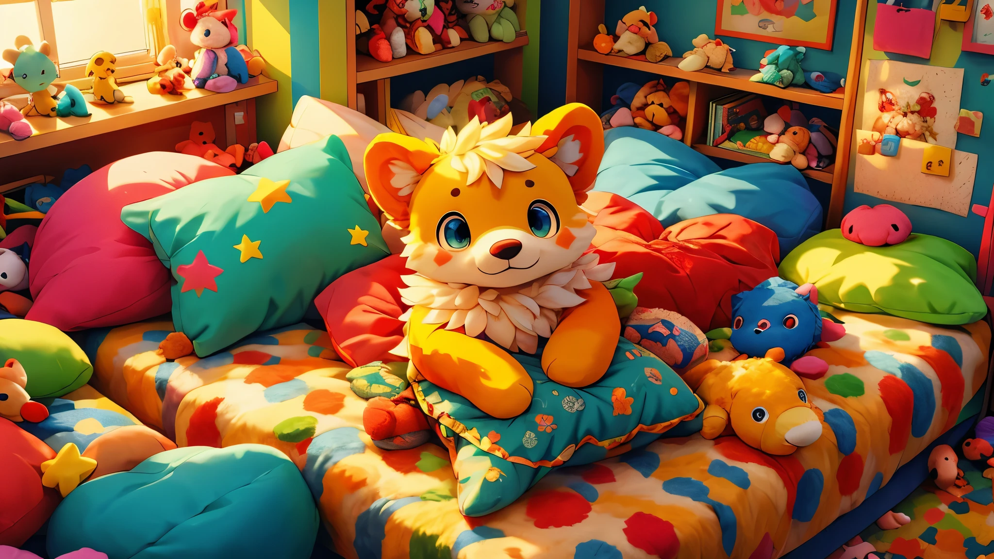 ((masterpiece,best quality)),beautiful detailed eyes,colorful, vivid color, messy room, stuffed animals, toy, pillows, blanket, cushion