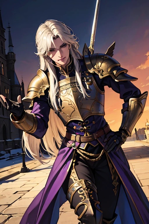 A strong male knight, a handsome man, a male knight, a man, androgynous face, richly decorated armor, no helmet, a broad sword hanging from his waistband, gold carvings, embedded in the armor. The most beautiful and melancholy face in the world, a gentleman looking out from the balcony of an old castle, an ambitious gentleman, the best knight, a prince, stronger than anyone else, RAW photo, best quality, masterpiece, realistic, photo-realistic, natural pose,  masterpiece, realistic, (8k, RAW photo, best quality, masterpiece:1.2), (realistic, photo-realistic:1.4), (extremely detailed 8k wallpaper), , (long hair), (fluttering hair). (highly detailed leggings design), fantasy theme, indie aesthetic, (mystical landscape), (castle background), smile, dynamic pose, vibrant colors, shadows, contrast, refraction, perspective, depth, excellent Anatomy, stunning details