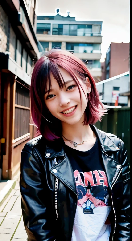 (table top), cute, (16 years old:1.4), alone, 1 female, (attractive punk girl), blue eyes,face、(laughter:1.5),playing the guitar, (front), (Leather jackets and tattoos), (band t-shirt), (ripped jeans), ((city alley background)), (close up shot), beautiful hands, both hands, normal hand, upper arm, full hand, beautiful body, beautiful fingers, normal fingers, five fingers, five fingers, (thumb index finger ring finger), beautiful ears, normal ear, beautiful eyes, shining eyes, beautiful mouth, beautiful lips,pink hairのミディアムヘア, (pink hair), ear hair, , single blade, (single blade), (side blade)