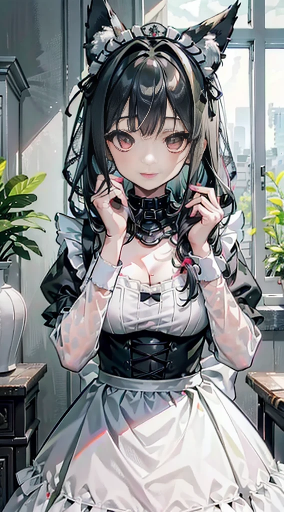 high quality, masterpiece, super detailed, 1 girl,  And clearly visible, alone, Green camouflage lace maid outfit，Maid tiara，BDSM,handcuffs，collar，Calm expression,bright red lips，Smile，handcuffs，collar，long black hair, Charming pink eyes, fox ears, ridiculously big, skin shiny, forest，City，ruins