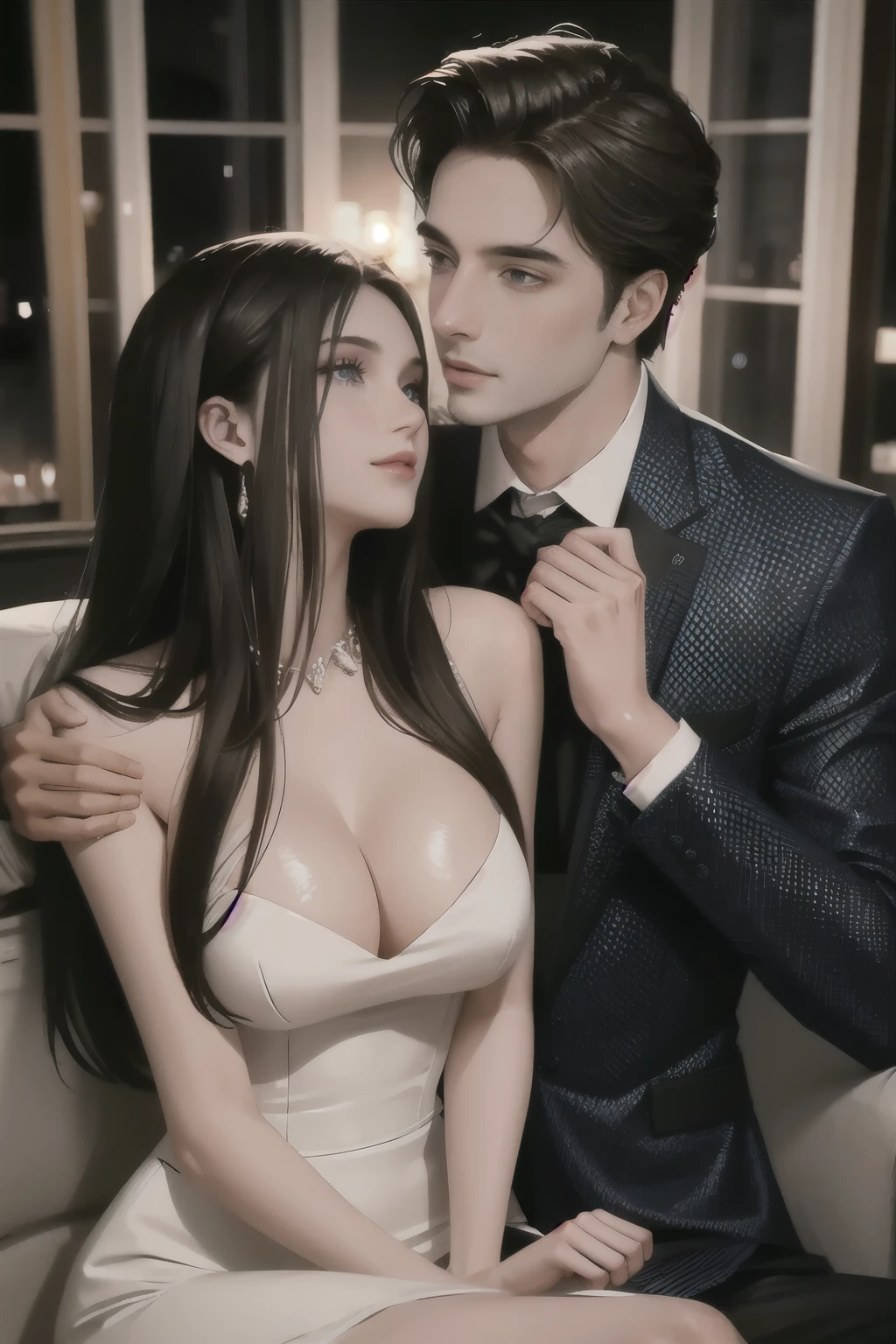 best quality,realistic,man in suit,beautiful woman,hugging from behind,seamless interaction,detailed facial features,gentle expression,tasteful background setting,romantic atmosphere,warm lighting,vivid colors,professional photography,soft focus,blurred background,subtle elegance,artistic composition,high-resolution,love and affection,lovers,emotional connection,embrace,whispering sweet nothings,deep bond,passionate love,attractive couple,intimate moment,classy attire,fashionable couple,stylish couple,confident posture,expressive eyes,subtle smile,tender touch,natural beauty,sophisticated charm,confident body language,charming couple,graceful pose,whispering secrets