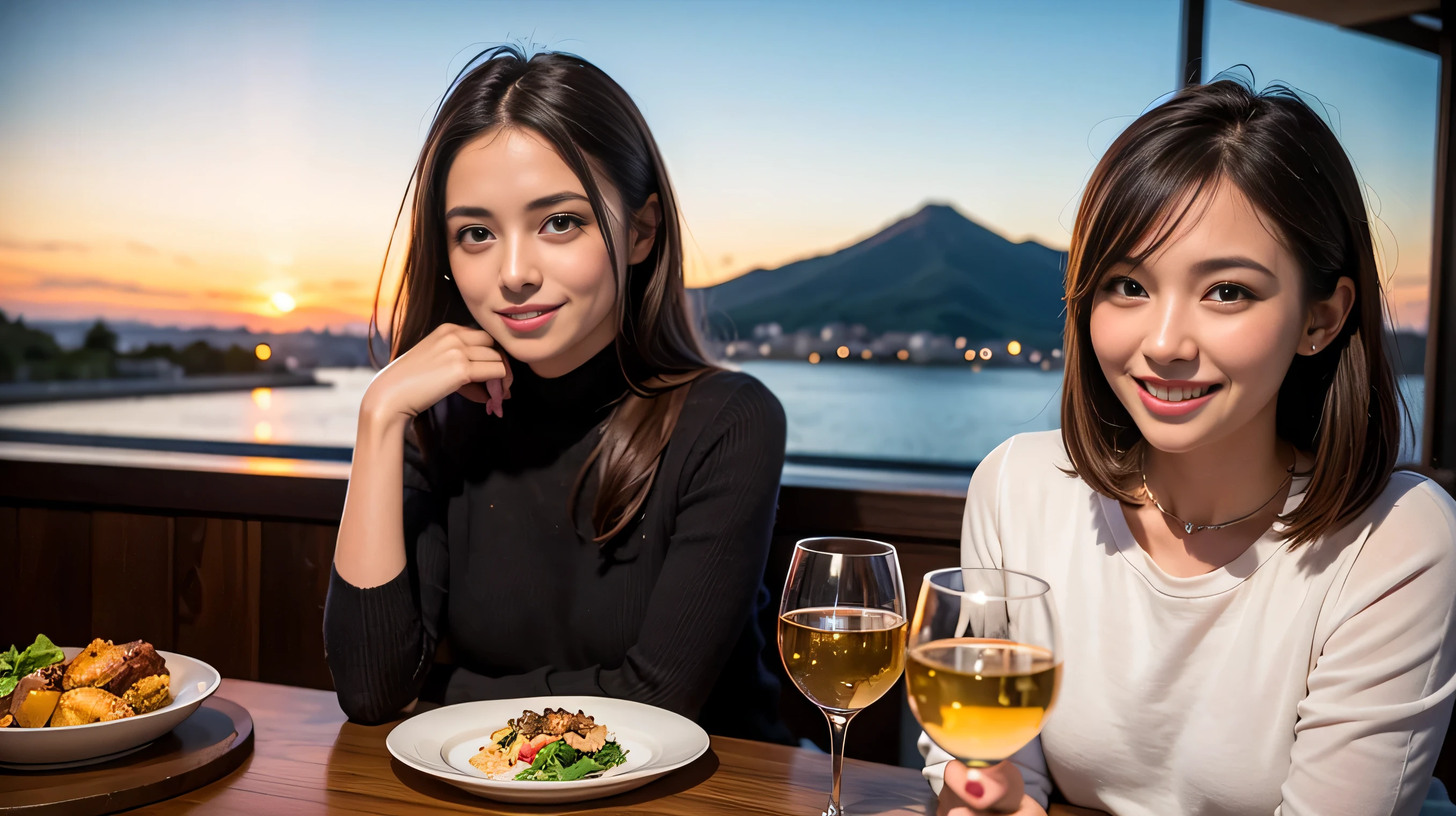 ((Highest quality、、masterpiece:1.3))、1 male、1 female、spouse、Beautiful couple、smile、full-course dinner、 (Slim face), (the body is スリム), (Brown Hair), (Shortcuts), ((Bob Hale、Straight hair:1.2)), テーブルの上のwine glass、Shine light on your face、 Amazing view of the sunset sky and clouds、smileの美しさ、Bright image、Blushing, Shortcuts, (43 years old), 39 years old, Appetizers、Italian food、Wine bottle、Champagne、sparkling wine、Long sleeve shirt、dress、Attractive beauty、restaurant, Nova Frog Style, actress, model, Upper Body, White wine, red wine, wine glass,