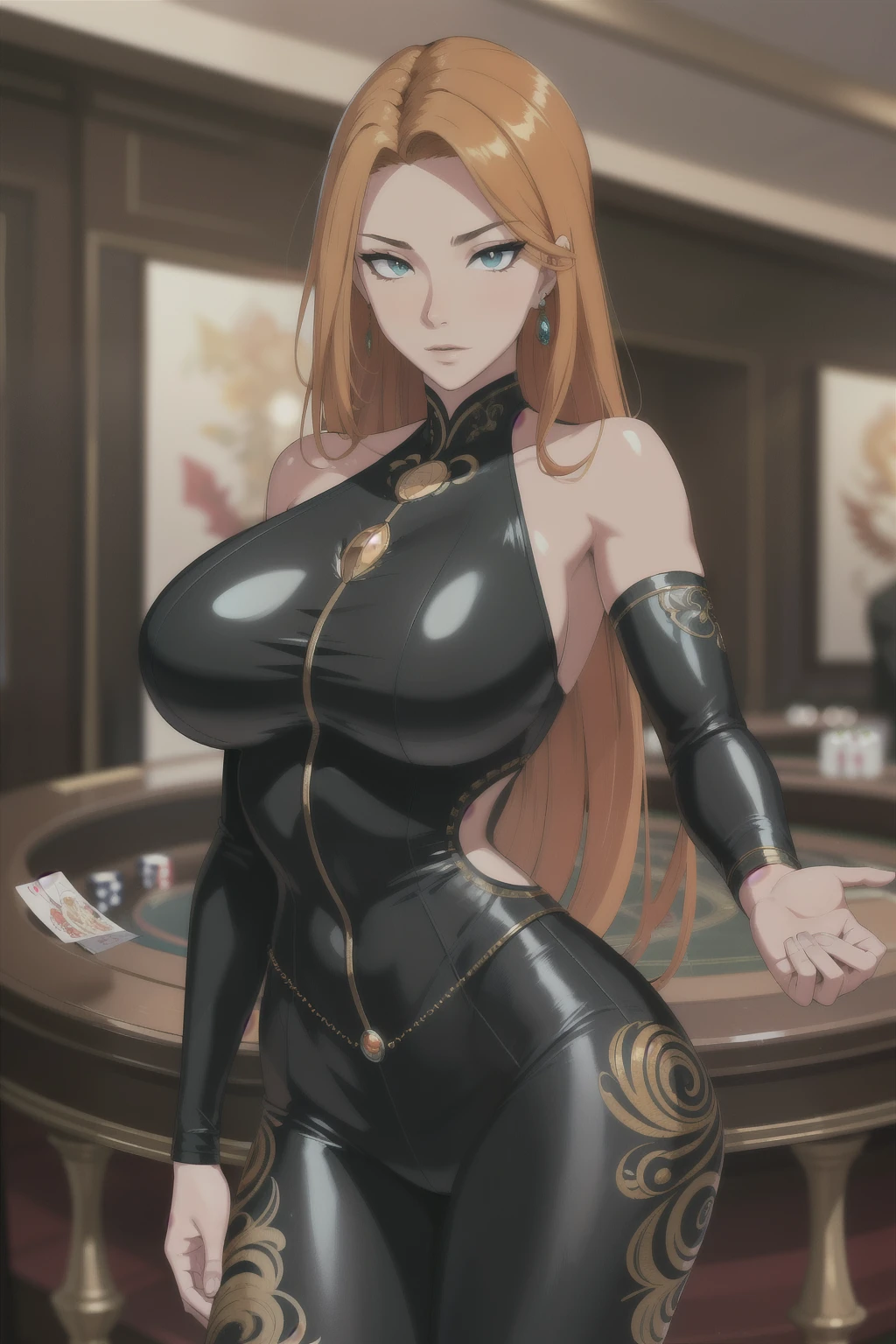 (masterpiece, highres, best quality:1.2), 8K, highly detailed, intricate, colorful, vibrant image, sharp focus, cinematic) rod hair, long hair, green eyes, body builder (imagine the iconic character  charizared from the anme pokemon  as a beautiful woman in tight black and orange suit) (big perfect round breasts,hourglass body, thin waist,very thin waist, Photo realistic,(hyperrealistic:1)beautiful, masterpiece, best quality, extremely detailed face,perfect face,beautiful face, perfect lighting,detailed eye makeup, detail face, nice detailed eyes,nice hands, perfect hands,glowing eyes (realistic pupils,realistic iris:1) heavy eye makeup,(empty Casino)(Posing dynamically)