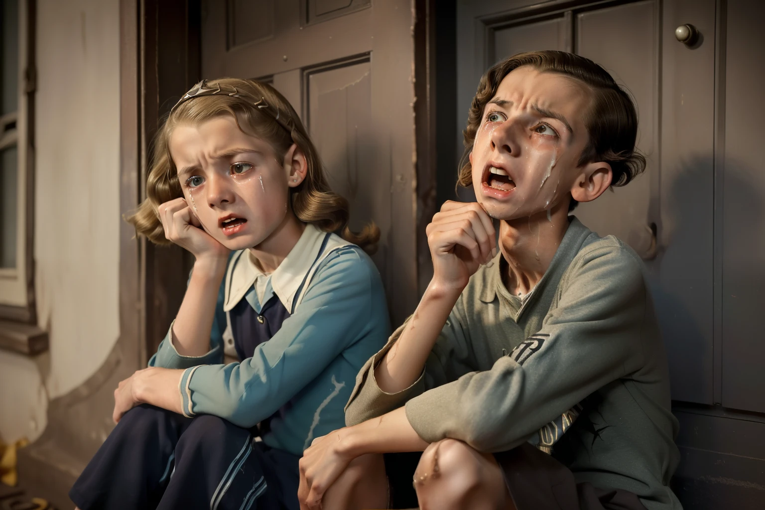 ((((14-year-old)) Rudy Steiner)), very thin boy, athletic, bony legs, gangly eyes, ((((fear expression, horror cry)))). ((((poor boy clothings from the 1940s)))), ((dark-blond hairstyle of the 1940s))