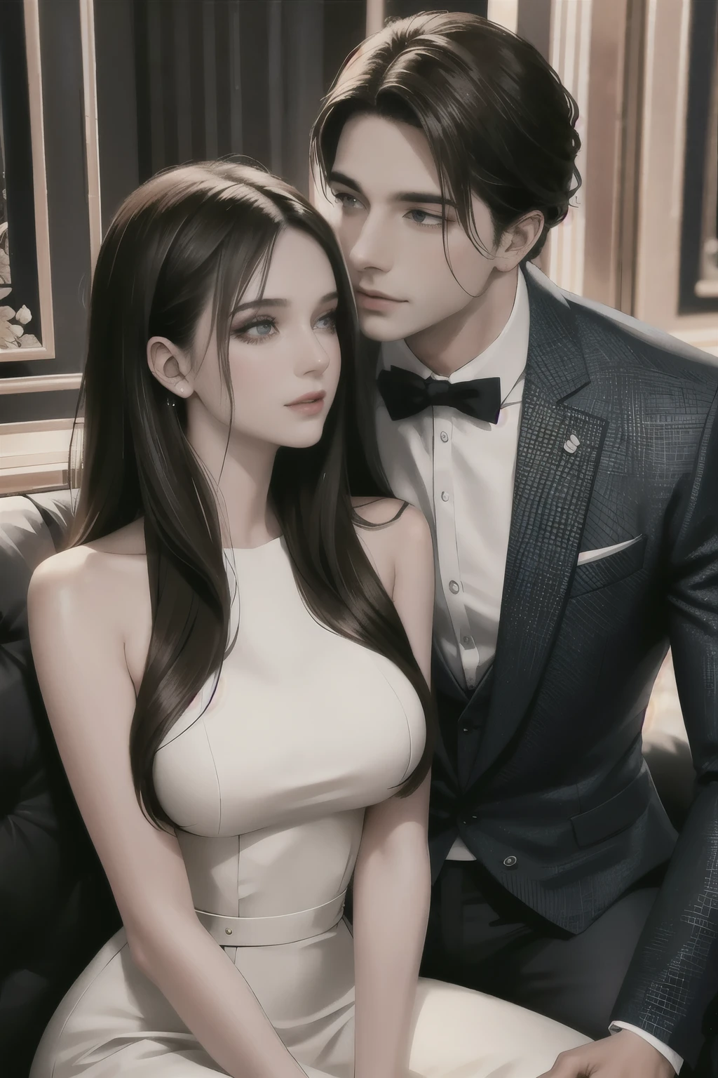 best quality,realistic,man in suit,beautiful woman,hugging from behind,seamless interaction,detailed facial features,gentle expression,tasteful background setting,romantic atmosphere,warm lighting,vivid colors,professional photography,soft focus,blurred background,subtle elegance,artistic composition,high-resolution,love and affection,lovers,emotional connection,embrace,whispering sweet nothings,deep bond,passionate love,attractive couple,intimate moment,classy attire,fashionable couple,stylish couple,confident posture,expressive eyes,subtle smile,tender touch,natural beauty,sophisticated charm,confident body language,charming couple,graceful pose,whispering secrets