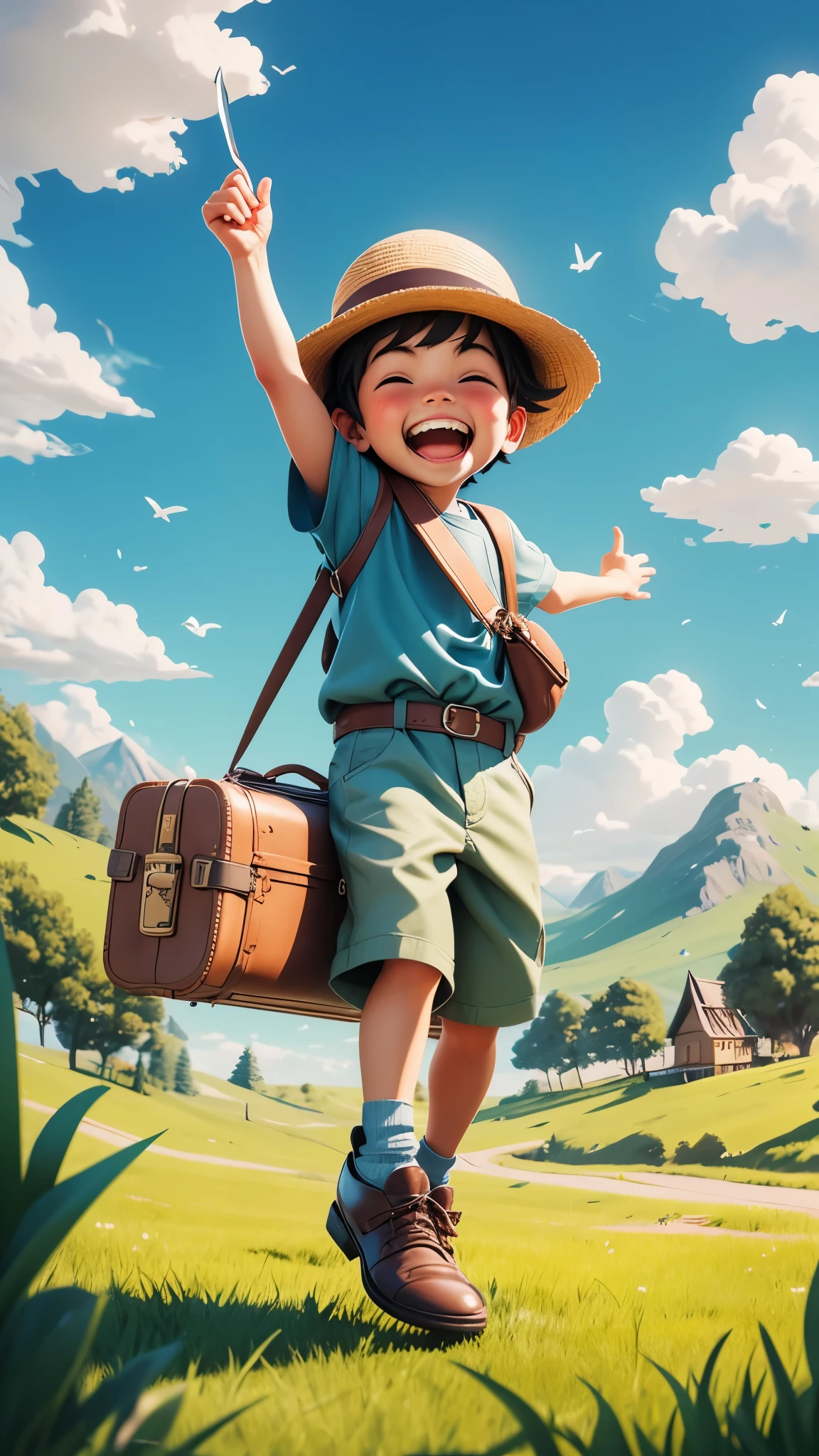a little boy，laughing out loud，Pulling the suitcase，（Look at the map），carrying a bag，grassland，hills，Blue sky and white clouds,