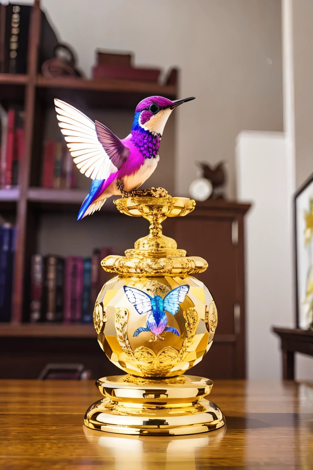 (masterpiece, best quality:1.2), There is a crystal hummingbird on the money tree