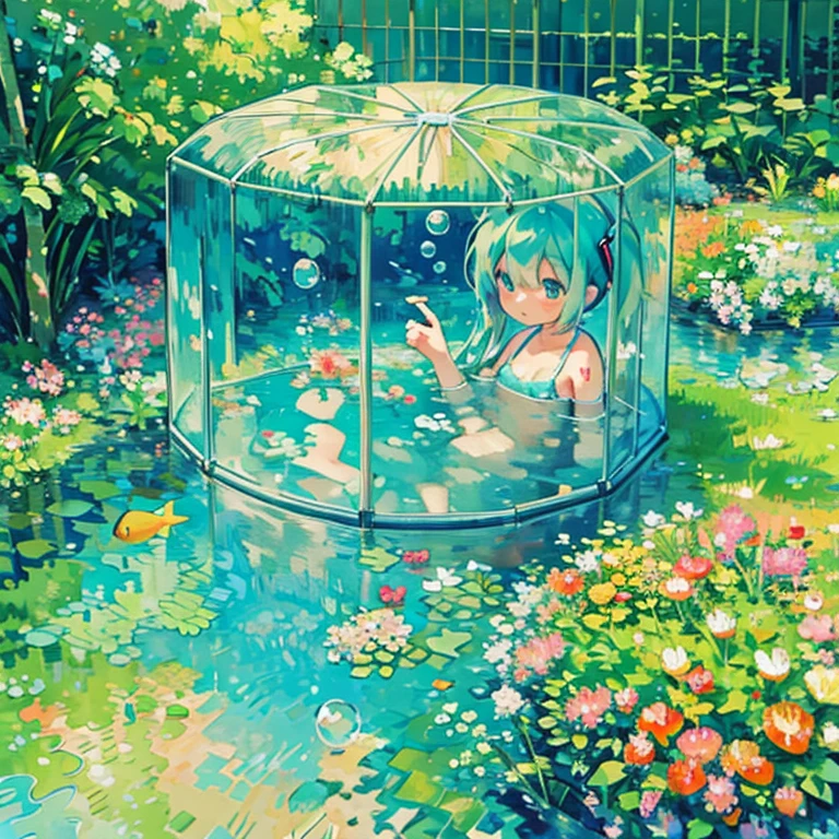 masterpiece、high quality、bubble, evaluation:Safety, air_bubble, underwater, 1 girl, fish, alone, water, hatsune miku,(Impressionism:1.4),