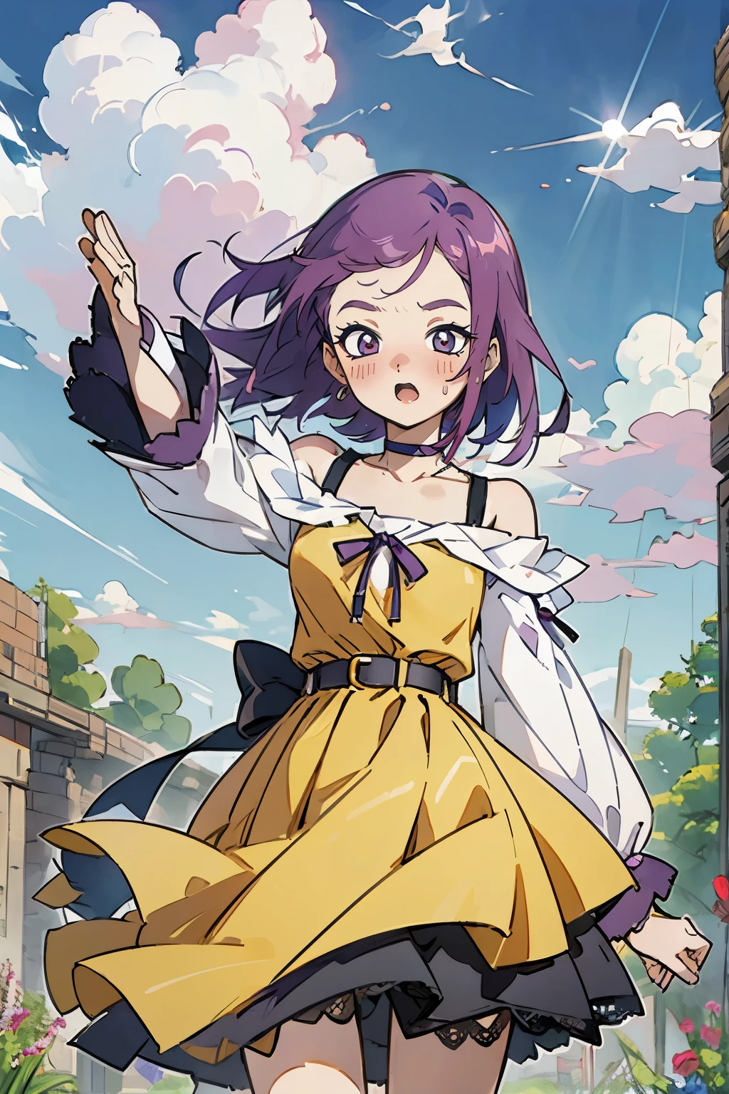 Kisho, 1 girl, Purple hair, Purple eyes, showa town, Ruins, Bang, Beautiful sky, shining sky, Sunshine, Smiling, Waving, Belts, ribbon choker, Dresses that blow the wind, black Lace dress, sweater, Off-shoulder sleeves