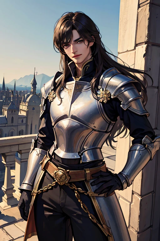 A strong male knight, a handsome man, a male knight, a man, androgynous face, richly decorated armor, no helmet, a broad sword hanging from his waistband, gold carvings, embedded in the armor. The most beautiful and melancholy face in the world, a gentleman looking out from the balcony of an old castle, an ambitious gentleman, the best knight, a prince, stronger than anyone else, RAW photo, best quality, masterpiece, realistic, photo-realistic, natural pose, masterpiece, realistic, (8k, RAW photo, best quality, masterpiece:1.2), (realistic, photo-realistic:1.4), (extremely detailed 8k wallpaper), , (long hair), (fluttering hair). (highly detailed leggings design), fantasy theme, indie aesthetic, (mystical landscape), (castle background), smile, dynamic pose, vibrant colors, shadows, contrast, refraction, perspective, depth, excellent Anatomy, stunning details
