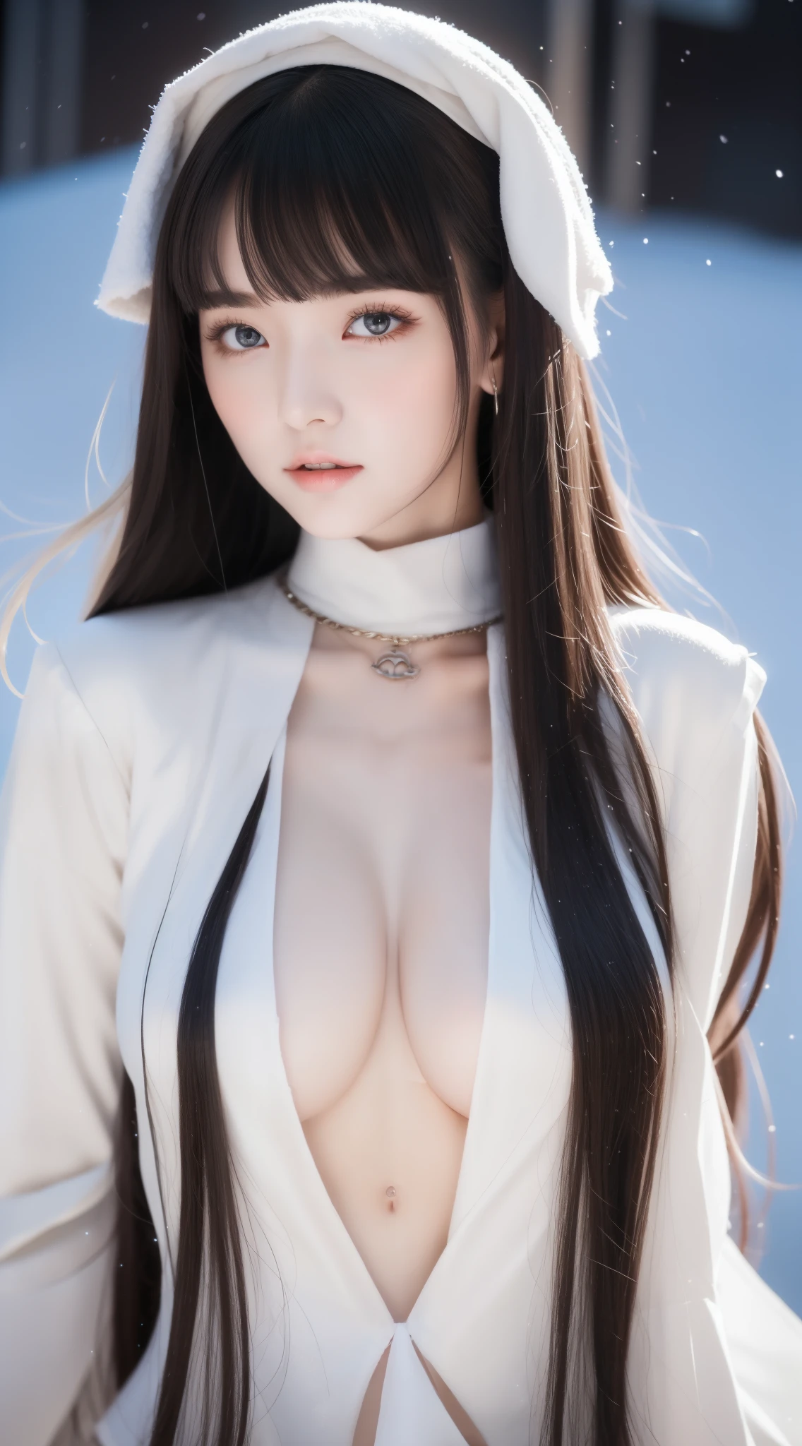 perfect figure beautiful girl:1.4, 17years old, cleavage, huge breast Layered Hair Style, (Cleric:1.5), Jewelry Decoration, Highly Detailed Face and Skin Textur, double-edged eyelid, Whiten the skin, long hair,  (background snow plains), diamond dust,