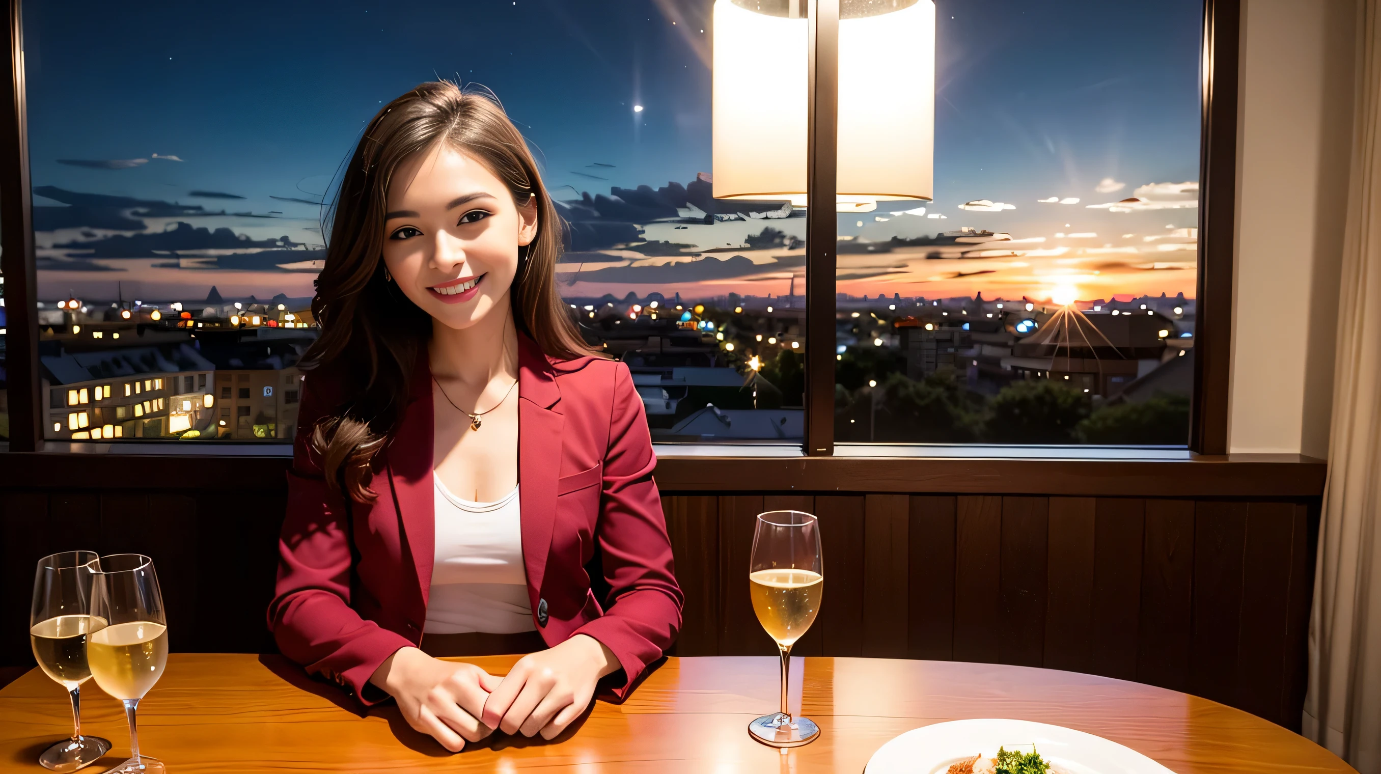 (64k, Hmm, highest quality, masterpiece: 1.2), (realistic, photorealistic: 1.37), Spectacular view of the sunset sky and clouds、Amazing mountain views、two beautiful women,long sleeve shirt、winter fashion、Champagne、sparkling wine、 (slimフェイス), (because I'thin), (brown hair), (shortcut), Fox face、French、Dutch、Italian、Colombian、cheeks are a little red, (40 years old), 38 years old, alone, Beautiful detailed city night view outside the window, restaurant, wine glassが座る, At night, NovaFrogStyle in a prominent place, actress, model, Upper body, White wine, slim, wine glass, Super Clean 夜 View, wine glass Put in the Middle, Happy smile, (smile: 1.15), Beautiful little eyes, Upper body, short, actress, model, Upper body, White wine, slim,