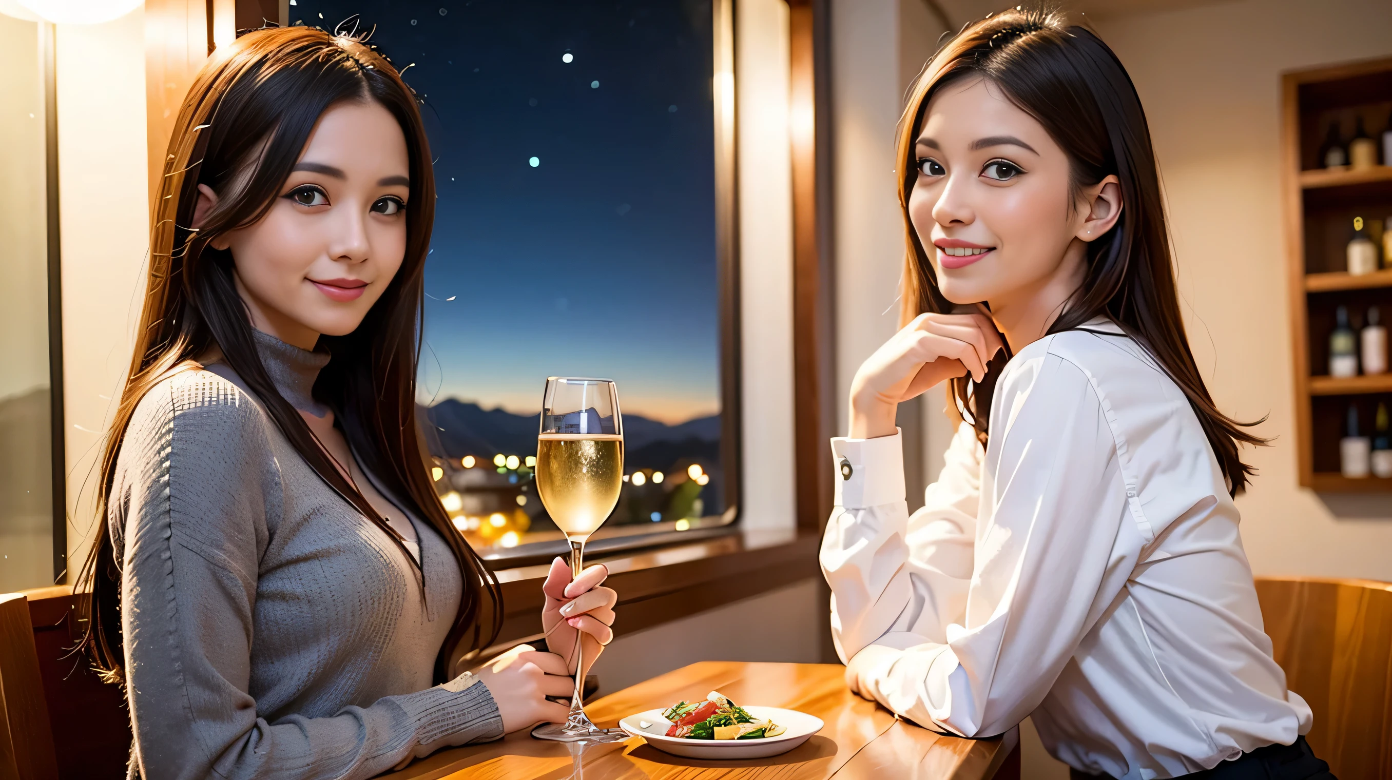 (64k, Hmm, highest quality, masterpiece: 1.2), (realistic, photorealistic: 1.37), Spectacular view of the sunset sky and clouds、Amazing mountain views、two beautiful women,long sleeve shirt、winter fashion、Champagne、sparkling wine、 (slimフェイス), (because I&#39;thin), (brown hair), (shortcut), Fox face、French、Dutch、Italian、Colombian、cheeks are a little red, (40 years old), 38 years old, alone, Beautiful detailed city night view outside the window, restaurant, wine glassが座る, At night, NovaFrogStyle in a prominent place, actress, model, Upper body, White wine, slim, wine glass, Super Clean 夜 View, wine glass Put in the Middle, Happy smile, (smile: 1.15), Beautiful little eyes, Upper body, short, actress, model, Upper body, White wine, slim, 