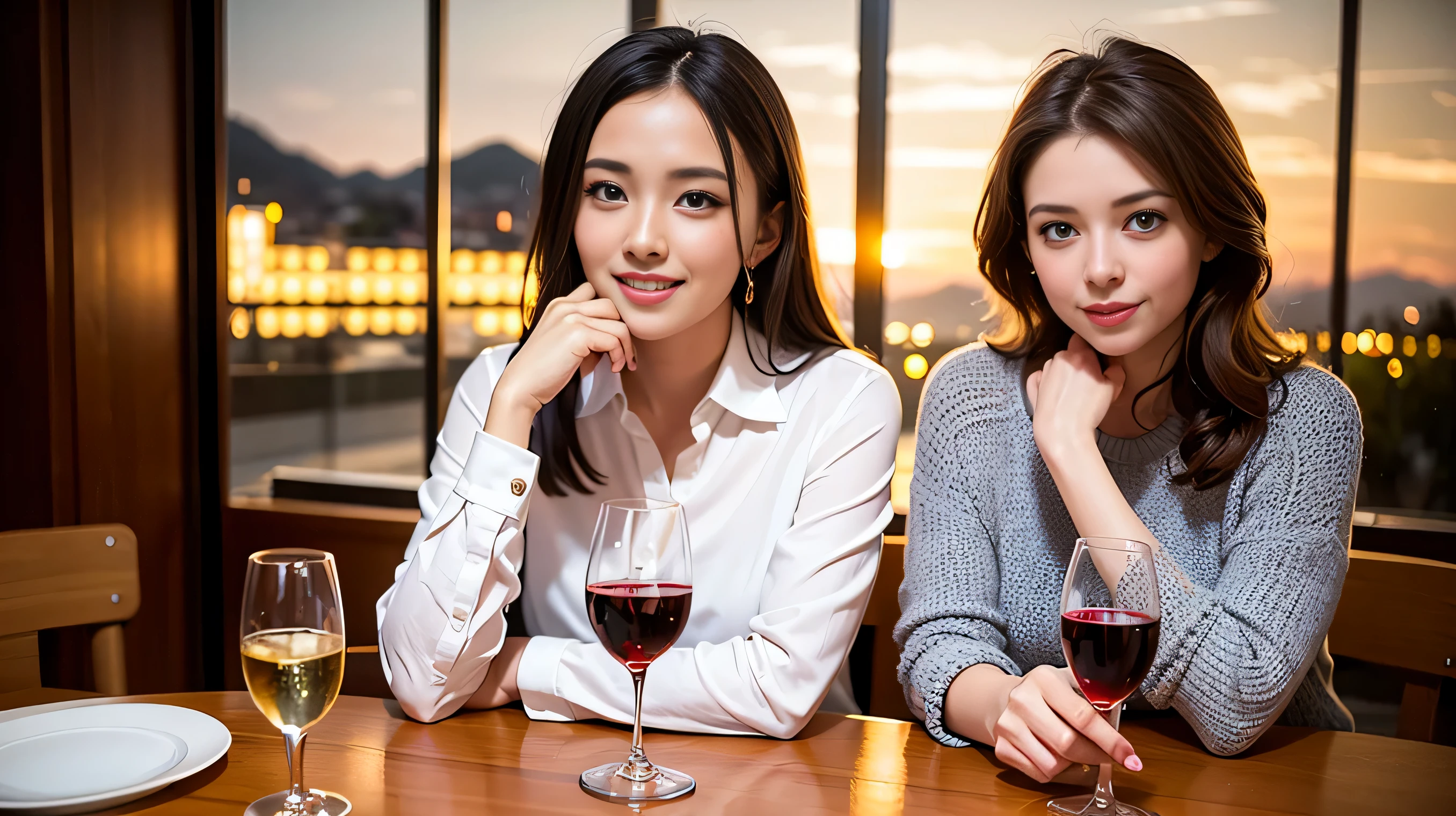 (64k, Hmm, highest quality, masterpiece: 1.2), (realistic, photorealistic: 1.37), Spectacular view of the sunset sky and clouds、Amazing mountain views、two beautiful women,long sleeve shirt、winter fashion、Champagne、sparkling wine、 (slimフェイス), (because I'thin), (brown hair), (shortcut), Fox face、French、Dutch、Italian、Colombian、cheeks are a little red, (40 years old), 38 years old, alone, Beautiful detailed city night view outside the window, restaurant, wine glassが座る, At night, NovaFrogStyle in a prominent place, actress, model, Upper body, White wine, slim, wine glass, Super Clean 夜 View, wine glass Put in the Middle, Happy smile, (smile: 1.15), Beautiful little eyes, Upper body, short, actress, model, Upper body, White wine, slim,