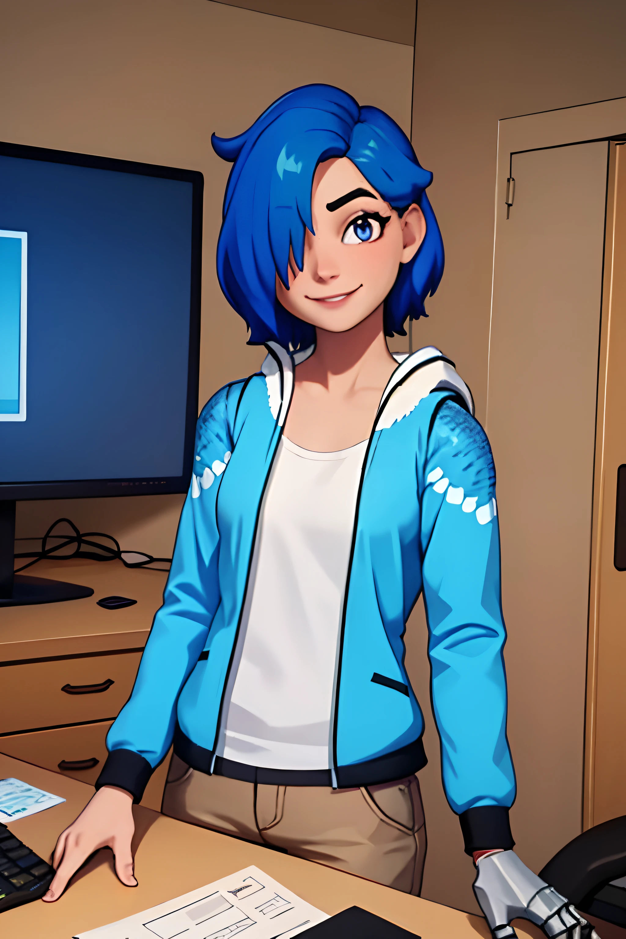 masterpiece, best quality, tari, blue hoodie, white pants, single mechanical right arm, regular left arm, upper body, looking at viewer, hair over one eye, house, computer, indoors, smile, slight smile