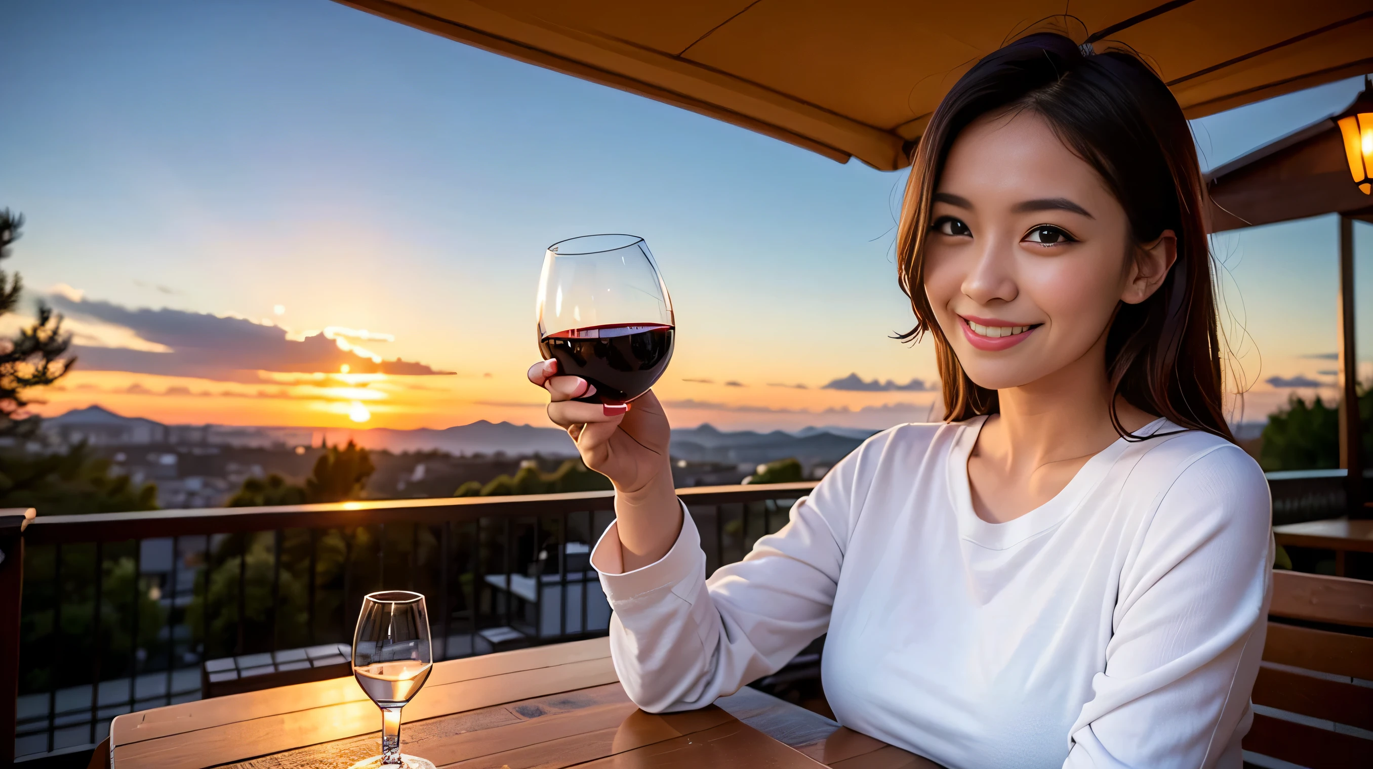 (64k, Hmm, highest quality, masterpiece: 1.2), (realistic, photorealistic: 1.37), Spectacular view of the sunset sky and clouds、Amazing mountain views、1 beautiful woman,long sleeve shirt、winter fashion、 (slimフェイス), (because I'thin), (brown hair), (shortcut), Fox face、French、Dutch、Italian、cheeks are a little red, (40 years old), 38 years old, alone, 窓の外の美しい詳細な都市のnight景, restaurant, wine glassが座る, nightに, NovaFrogStyle in a prominent place, actress, model, Upper body, White wine, slim, wine glass, Super Clean night View, wine glass Put in the Middle, Happy smile, (smile: 1.15), Beautiful little eyes, Upper body, bust japan up, night, short, short, actress, model, Upper body, White wine, slim, wine glass, Super Clean night View, wine glass Put in the Middle, Happy smile,
