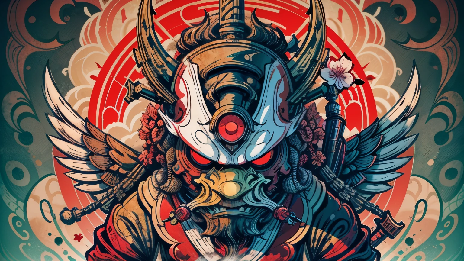 Tengu mask style 0mib， Illustrator， master-piece， high quailty， 8k， high resolutions， highdetailed， gentleman,  cherry blossoms blowing in the wind 