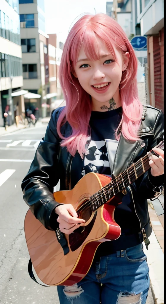 (table top), cute, (16 years old:1.4), alone, 1 female, (attractive punk girl), blue eyes,face、(laughter:1.5),playing the guitar, (front), (Leather jackets and tattoos), (band t-shirt), (ripped jeans), ((city alley background)), (close up shot), beautiful hands, both hands, normal hand, upper arm, full hand, beautiful body, beautiful fingers, normal fingers, five fingers, five fingers, (thumb index finger ring finger), beautiful ears, normal ear, beautiful eyes, shining eyes, beautiful mouth, beautiful lips,pink hairのミディアムヘア, (pink hair), ear hair, , single blade, (single blade), (side blade)