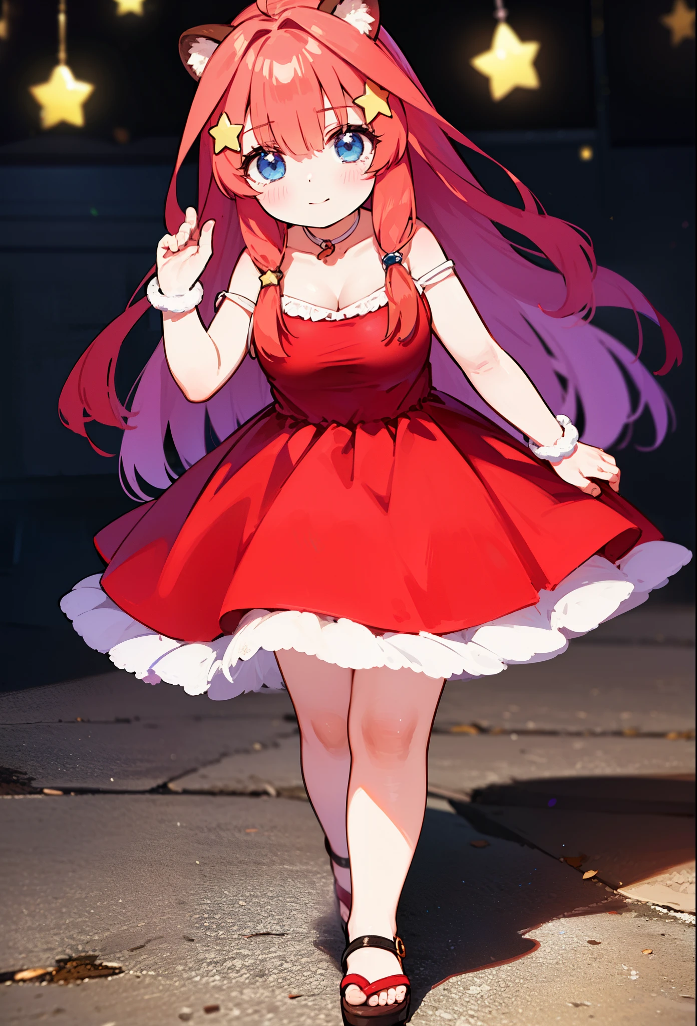 Satsuki Nakano, Itsuki Nakano, bangs, blue eyes, hair between eyes, Ahoge, redhead, star \(symbol\), hair ornaments, smile,blush,star hair ornaments,animal ears Raccoon ears,animal tail raccoon dog caudal fin,naked neck,bare clavicle,bare shoulders,big breasts,red official shoulder dress,long skirt,very sandals,turn around,city,Walking outdoors, city
壊す (masterpiece:1.2), highest quality, High resolution, unity 8k wallpaper, (shape:0.8), (beautiful and detailed eyes:1.6), highly detailed face, perfect lighting, Very detailed CG, (perfect hands, perfect anatomy),