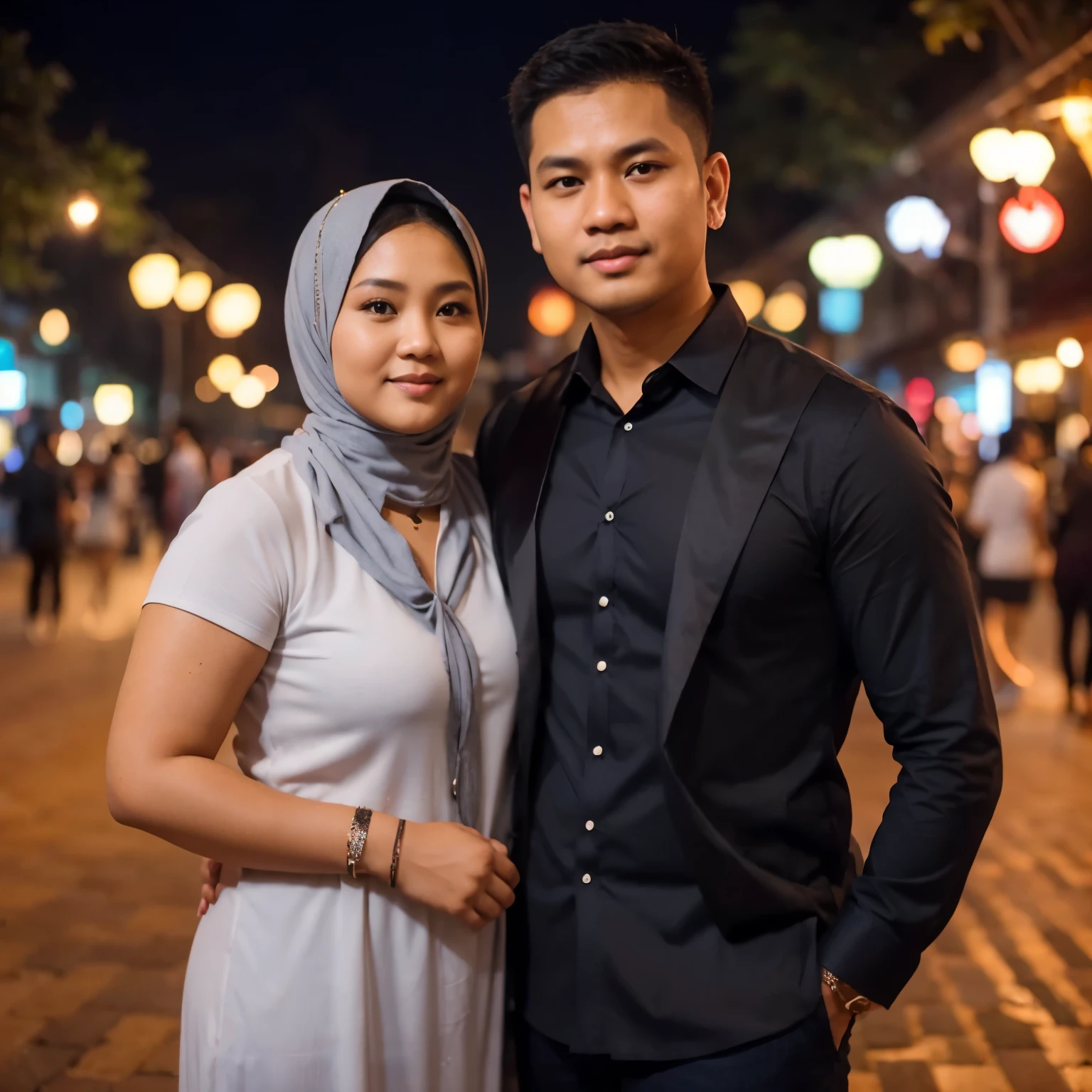a handsome Indonesian man with, ((chubby)) ideal body, 40yo, short black undercut hair, shirt and jeans. taking a photo together with an Indonesian woman, (chubby:1.3) wearing a hijab and an elegant long slevees dress. on a night full of stars