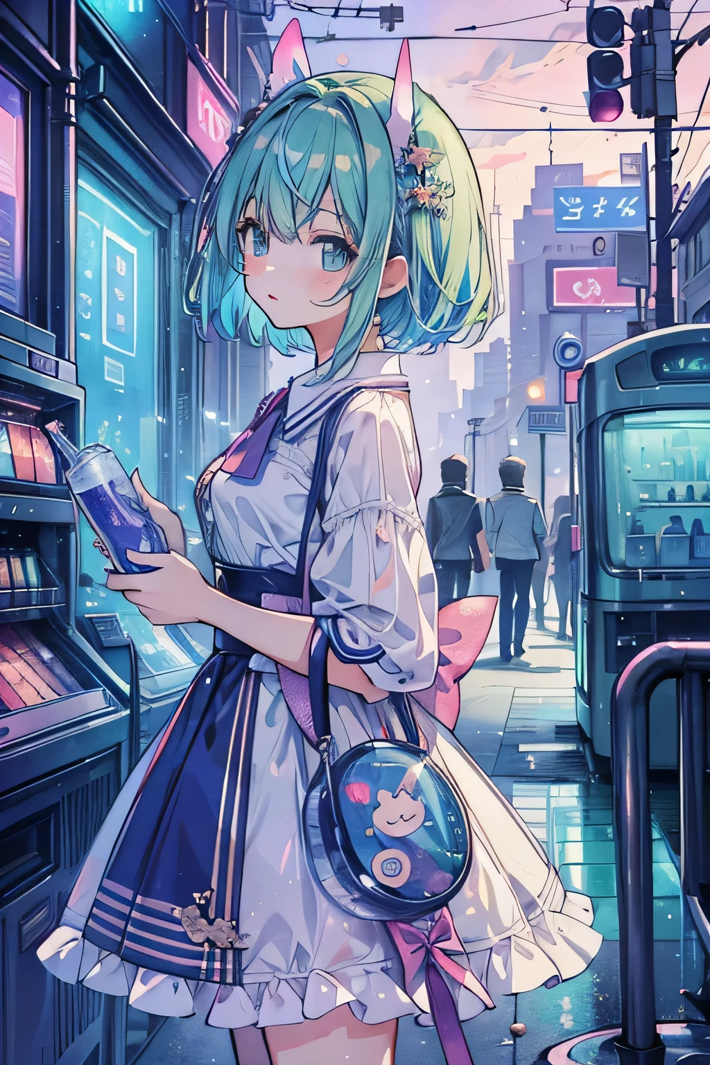 ((best quality, masterpiece, Ridiculous, super resolution)) photo of beautiful jpn-gyaru, alone, green,purple,blue hair,short hair, standing on the playground, from a distance, from the side, Smooth, beautiful anime eyes with luster reflection, beautiful, money, coin, drinks, bottled water, canned soda, (marble soda:1), Vending machine in the background