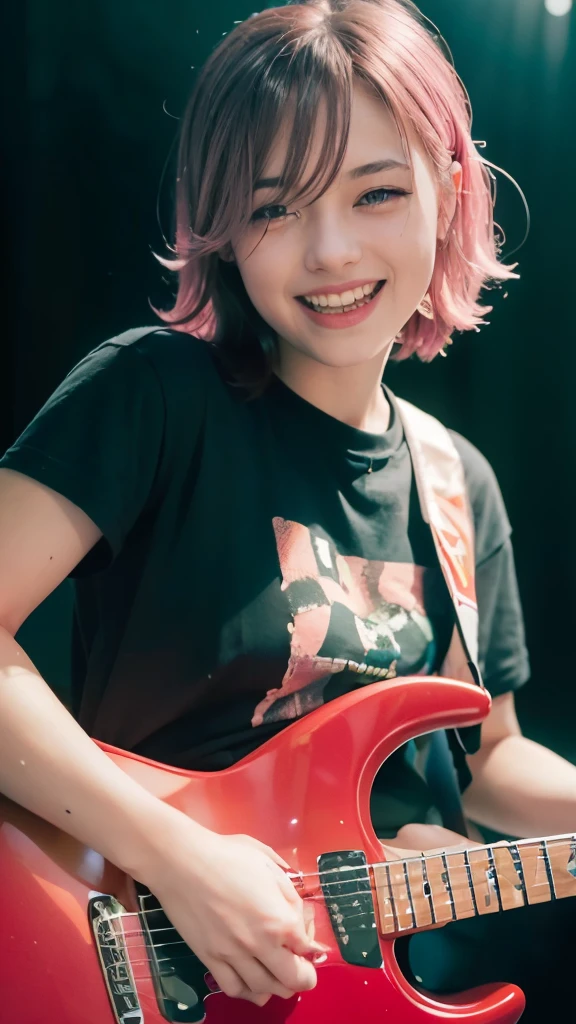 Close-up、face、(laughter:1.5),(facing the front:1.2), 18-year-oldの女性,(high top fade:1.3), 18-year-old, teenage girl,no tail,(no tail),2D, masterpiece, highest quality, and soul, detailed eye, 詳しいface, with a girl, only one person,pink hair ミディアムヘア, (pink hair), ear hair, , single blade, (single blade), (side blade), (Playing the Red Electric Guitar, 6 strings), dark theme, calm colors, high contrast, (Tuttos skin texture, hyper realism, soft light, sharp), psychedelic t-shirt,