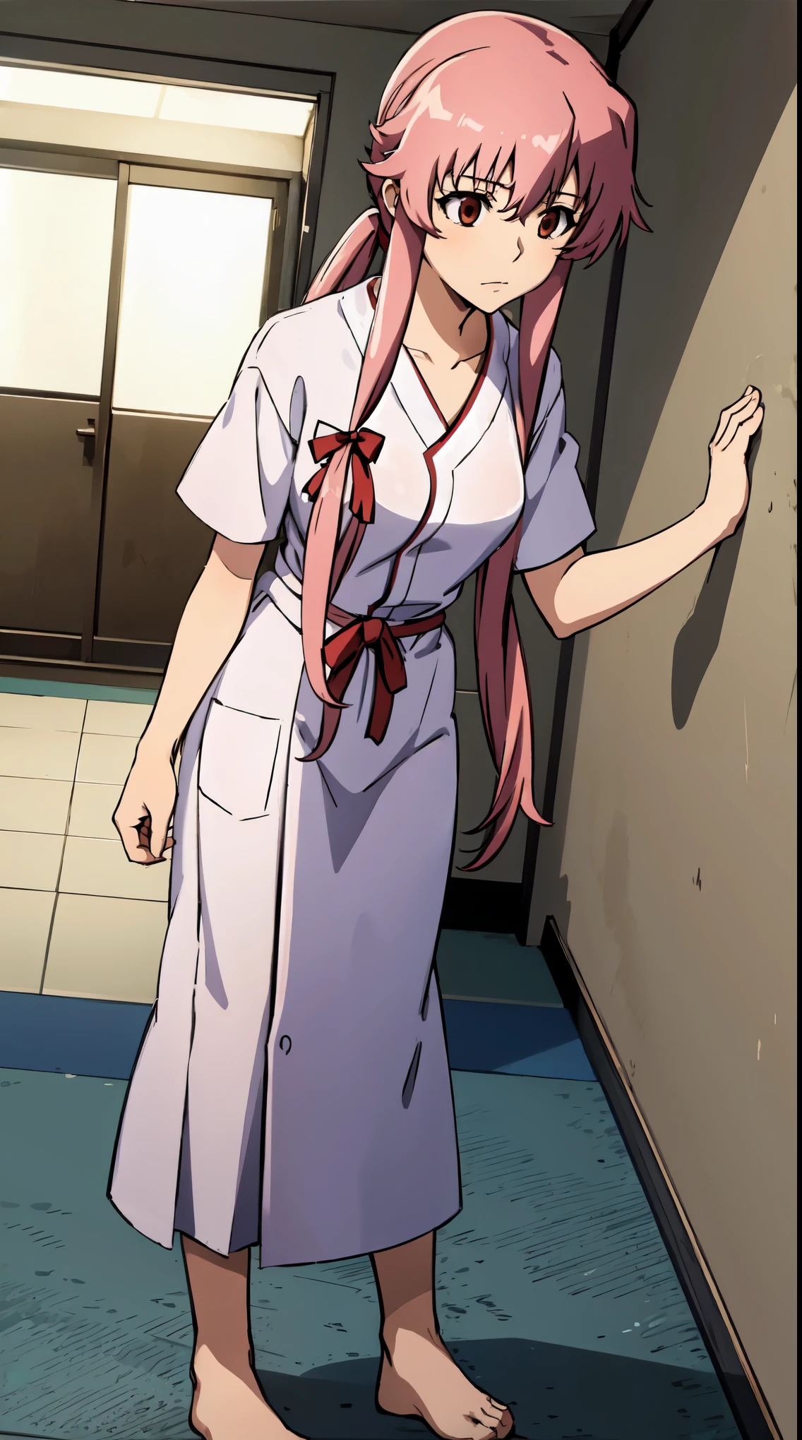 anime_still, masterpiece, best quality, 1girl, Gasai Yuno,large breasts, red eyes, (hospital gown:1.5), Psychiatric hospital, insane, ((padded room)), asylum,