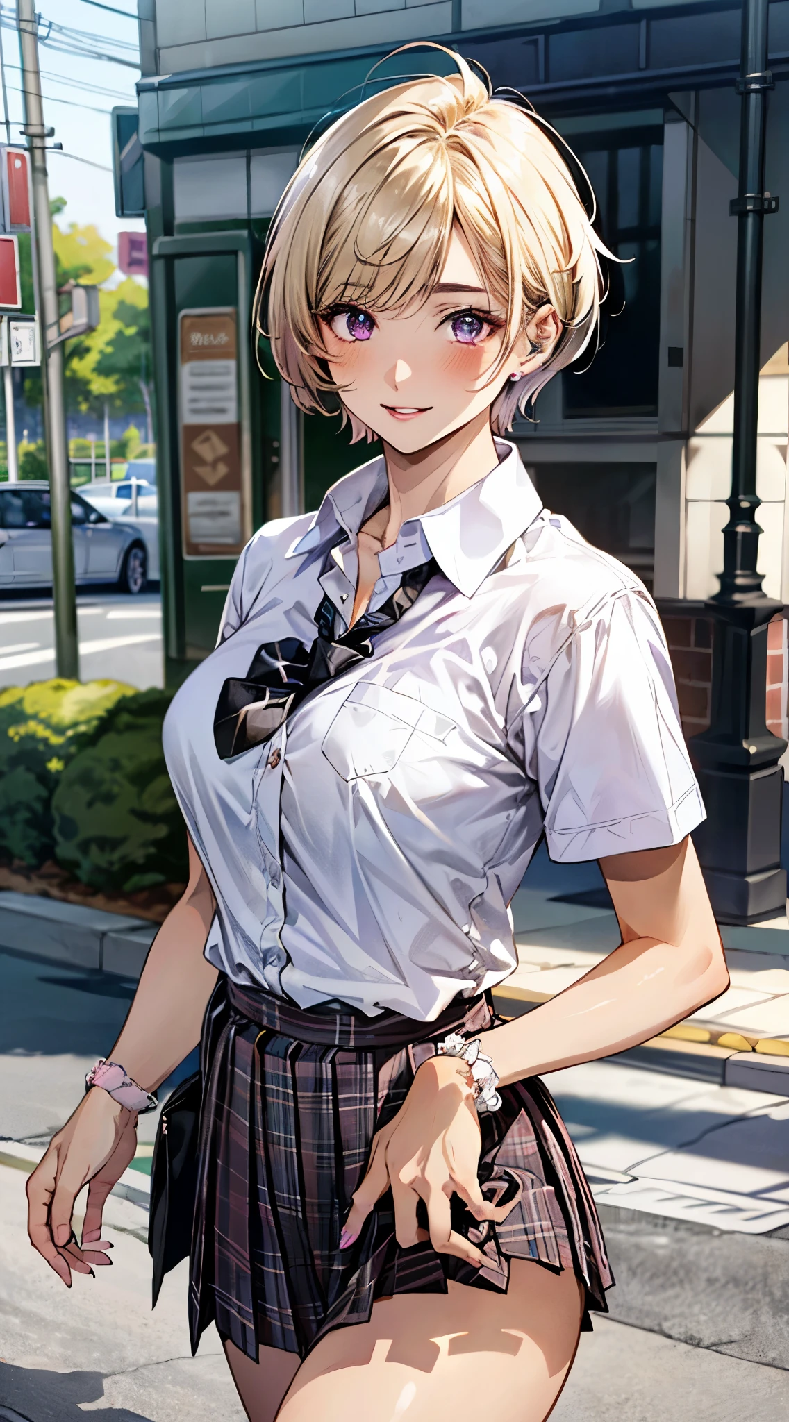 (masterpiece:1.3, top-quality), ultra high res, ultra detailed, (realistic, photorealistic:1.4), beautiful illustration, perfect lighting, colorful, depth of fields,
looking at viewer, 1 girl, solo, japanese, high school girl, gyaru, (large breasts:0.8, large ass, seductive thighs, skindentation),
(short hair:1.5, pixie cut:1.4), blonde hair, asymmetrical bangs, purple eyes, parted lips, (very tanned shiny skin),
beautiful hair, beautiful face, extremely detailed face, beautiful detailed eyes, beautiful clavicle, beautiful body, beautiful chest, beautiful thigh, beautiful legs, beautiful fingers,
(beautiful scenery), daytime, outdoors,
((collared short sleeve shirt, white shirt, school uniform, pink plaid pleated skirt, black tie)), white panties, polka dot hair scrunchie, bracelets,
(walking, (ok sign)), (seductive-smile),