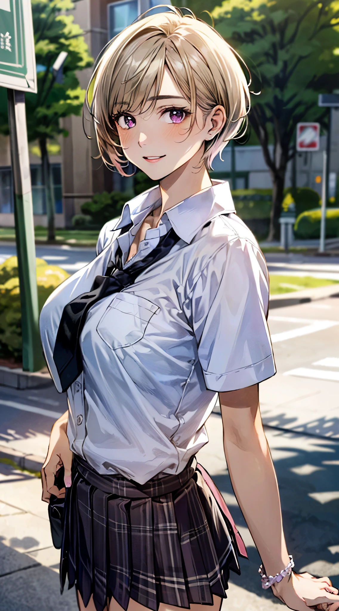 (masterpiece:1.3, top-quality), ultra high res, ultra detailed, (realistic, photorealistic:1.4), beautiful illustration, perfect lighting, colorful, depth of fields, 
looking at viewer, 1 girl, solo, japanese, high school girl, gyaru, (large breasts:0.8, large ass, seductive thighs, skindentation),
(short hair:1.5, pixie cut:1.4), blonde hair, asymmetrical bangs, purple eyes, parted lips, (very tanned shiny skin), 
beautiful hair, beautiful face, extremely detailed face, beautiful detailed eyes, beautiful clavicle, beautiful body, beautiful chest, beautiful thigh, beautiful legs, beautiful fingers, 
(beautiful scenery), daytime, outdoors,
((collared short sleeve shirt, white shirt, school uniform, pink plaid pleated skirt, black tie)), white panties, polka dot hair scrunchie, bracelets, 
(walking, (ok sign)), (seductive-smile), 