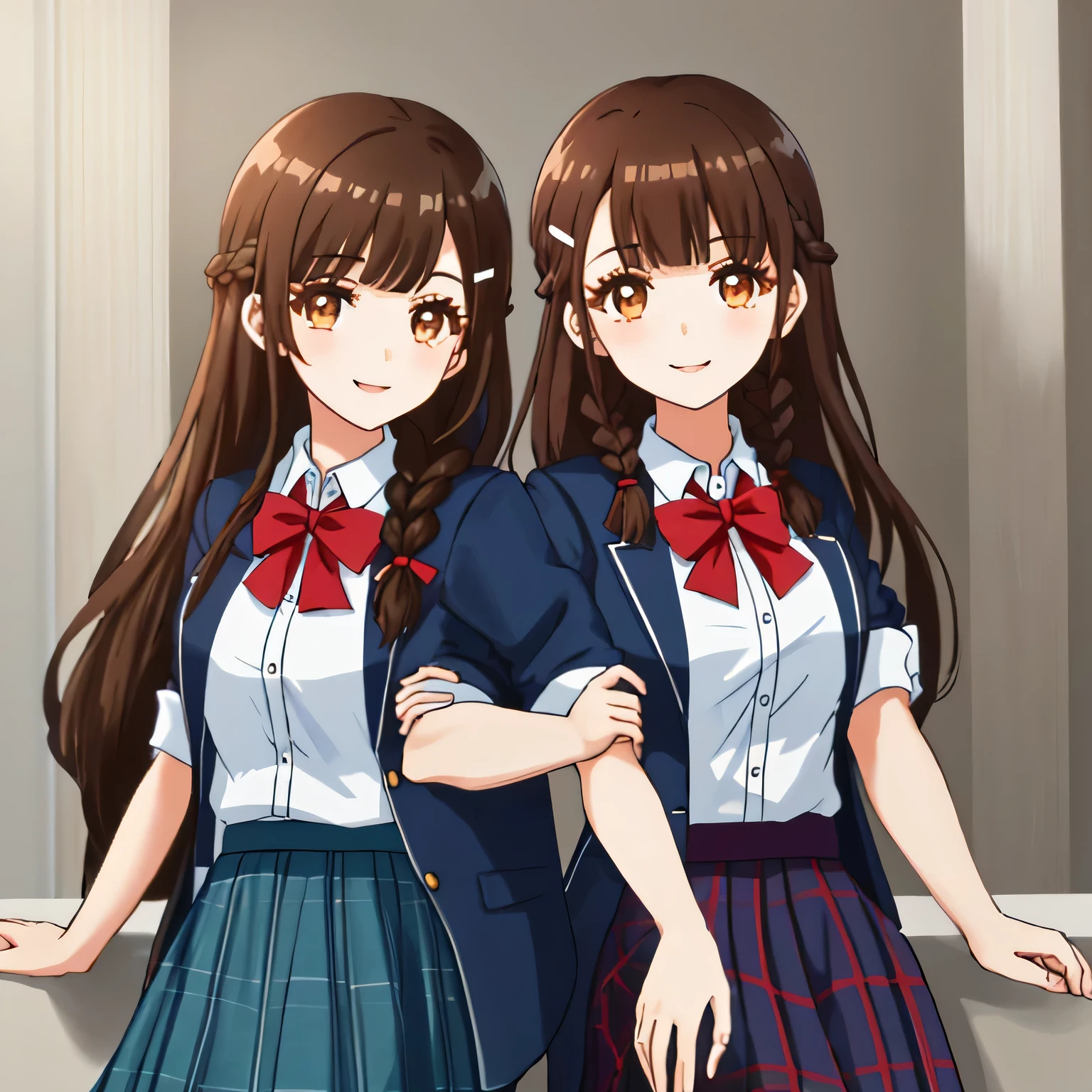 highest quality, (masterpiece:1.2), very detailed, Standing figure of a girl looking at the viewer and smiling, Glossy lips that make you want to kiss, nice smile, brown eyes, (((dark brown hair))), 15 years old, long braids, big shiny hair clip, school uniform, Dark blue and navy plaid skirt, middle long skirt, white shirt, A luxurious navy blazer with a golden emblem on the left chest, big school ribbon tie, very shiny hair、laughter、bright look、The light makes my face and hair shine, The corners of the eyes are drooping, cute braids, I'm so happy I can jump up, The expression of a maiden in love, (((twin braid hair))), The long skirt fabric has a beautiful deep blue checkered pattern., A gentle and cute expression staring at the viewer, double eyelid, ((long eyelashes)), ((Long lower eyelashes too)) ((the knees are hidden by the skirt)), pure white background