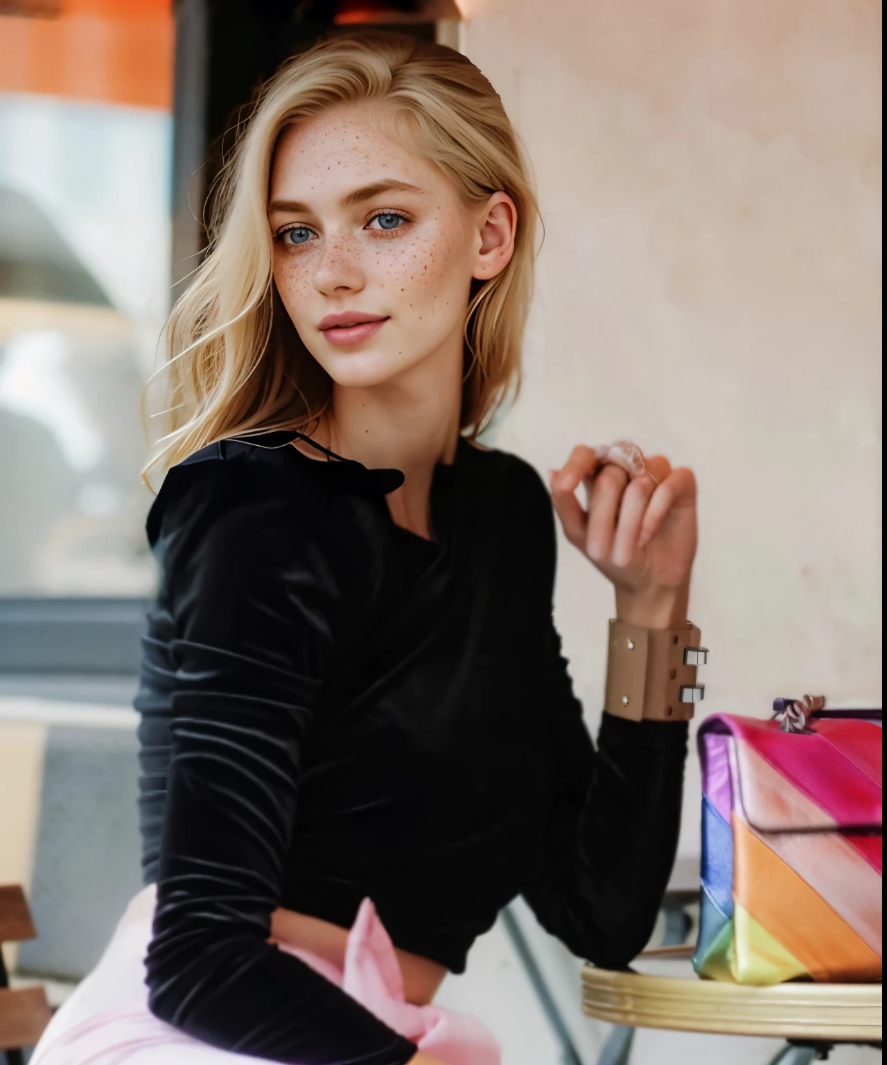 mulher, americana, 25 anos, pale skin and freckles, olhos cinzas, nariz delicado, soft and delicate lips, longo, cabelo blondie longo e ondulado na altura da cintura, sorriso meigo, face with delicate feminine facial features