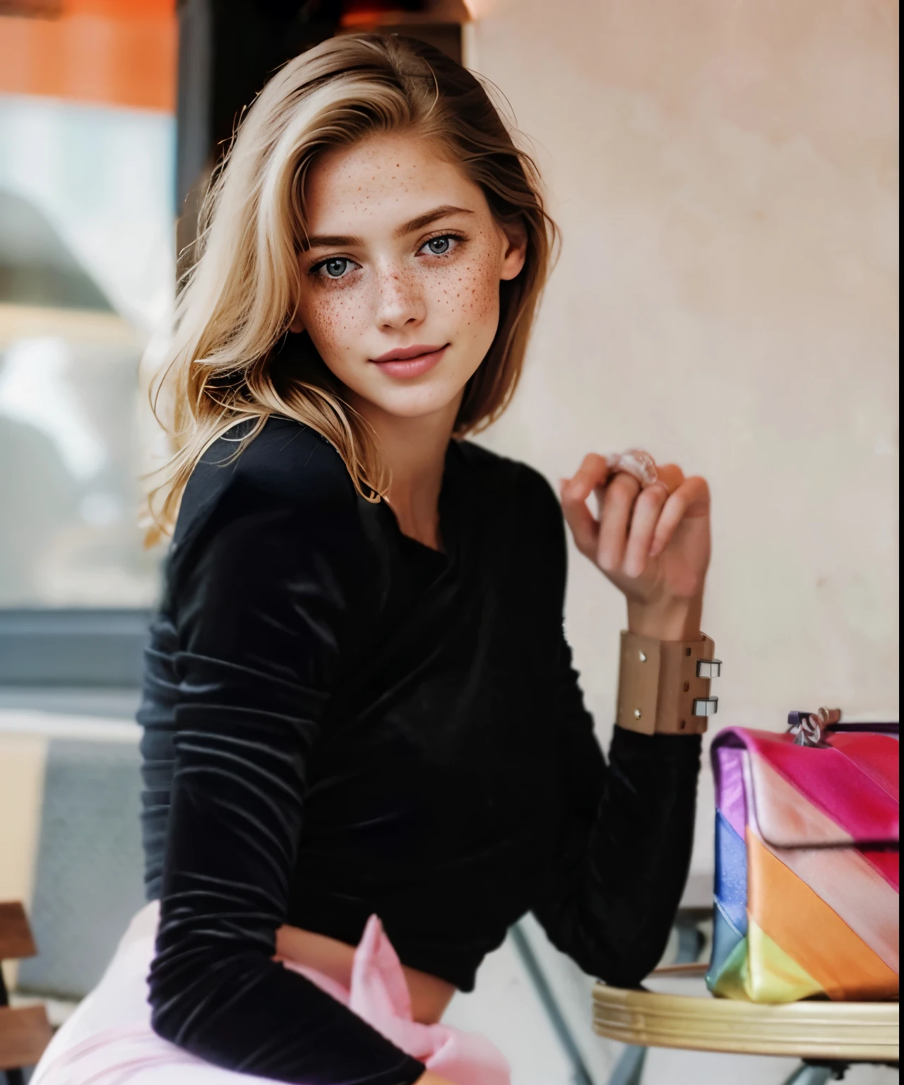 mulher, americana, 25 anos, pale skin and freckles, olhos cinzas, nariz delicado, soft and delicate lips, longo, cabelo blondie longo e ondulado na altura da cintura, sorriso meigo, face with delicate feminine facial features