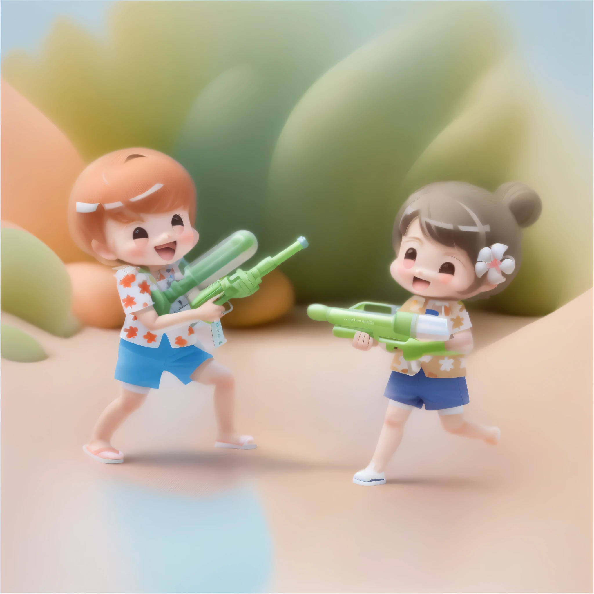 cartoon illustration of a boy and a girl playing with a water gun, various pose, hd illustration, white bg, japanese cartoon style, japanese animation style, cartoon illustration, anime thai girl, a beautiful artwork illustration, exciting illustration, shooting pose, kantai collection style, simple illustration, children playing at the beach, 2 people, children illustration, with rifle