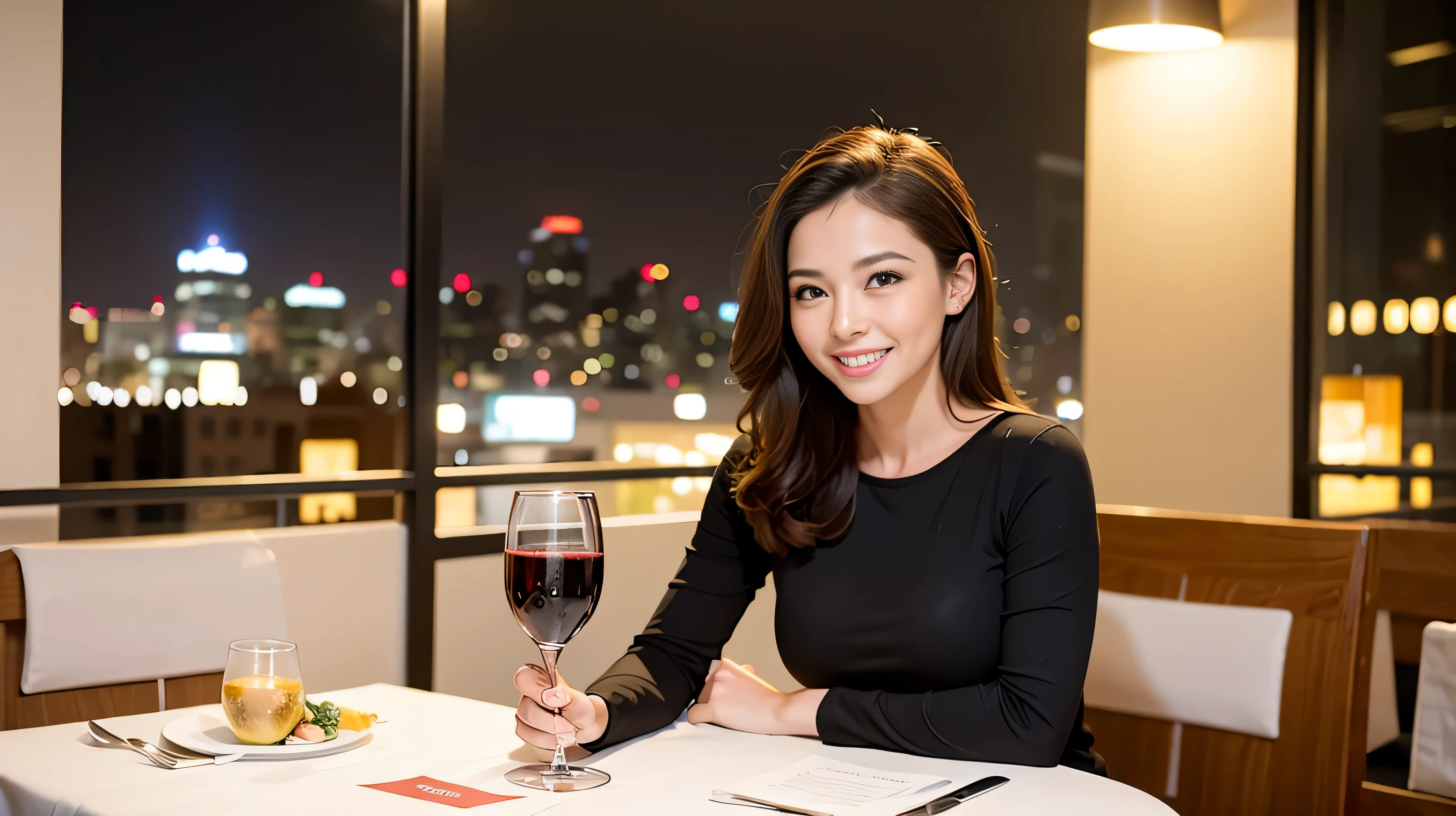 64k, Hmm, highest quality, masterpiece: 1.2), (realistic, photorealistic: 1.37), Super detailed, 3 slim beauties, (slim face),Happy、 the best smile、Fox face、Berry Short、(because I'thin), (brown hair), (shortcut), long sleeve shirt、winter fashion、Colombian、Brazilian、Japanese、Dutch、German、Portuguese、Belgian、Italian、French,Champagne、sparkling wine、 (gush out), (slim body), (brown hair), (shortcut), neat beauty、cheeks turn a little red, (35 years old), 38 years old, alone, A beautiful and detailed night view spreads out outside the window...., restaurant, wine glass is sitting, At night, in a prominent place (from the Upper body) nova frog style, actress, model, Upper body, White wine, slim, wine glass, Very beautiful night view, wine glass Put in the Middle, Happy smile, (smile: 1.15),