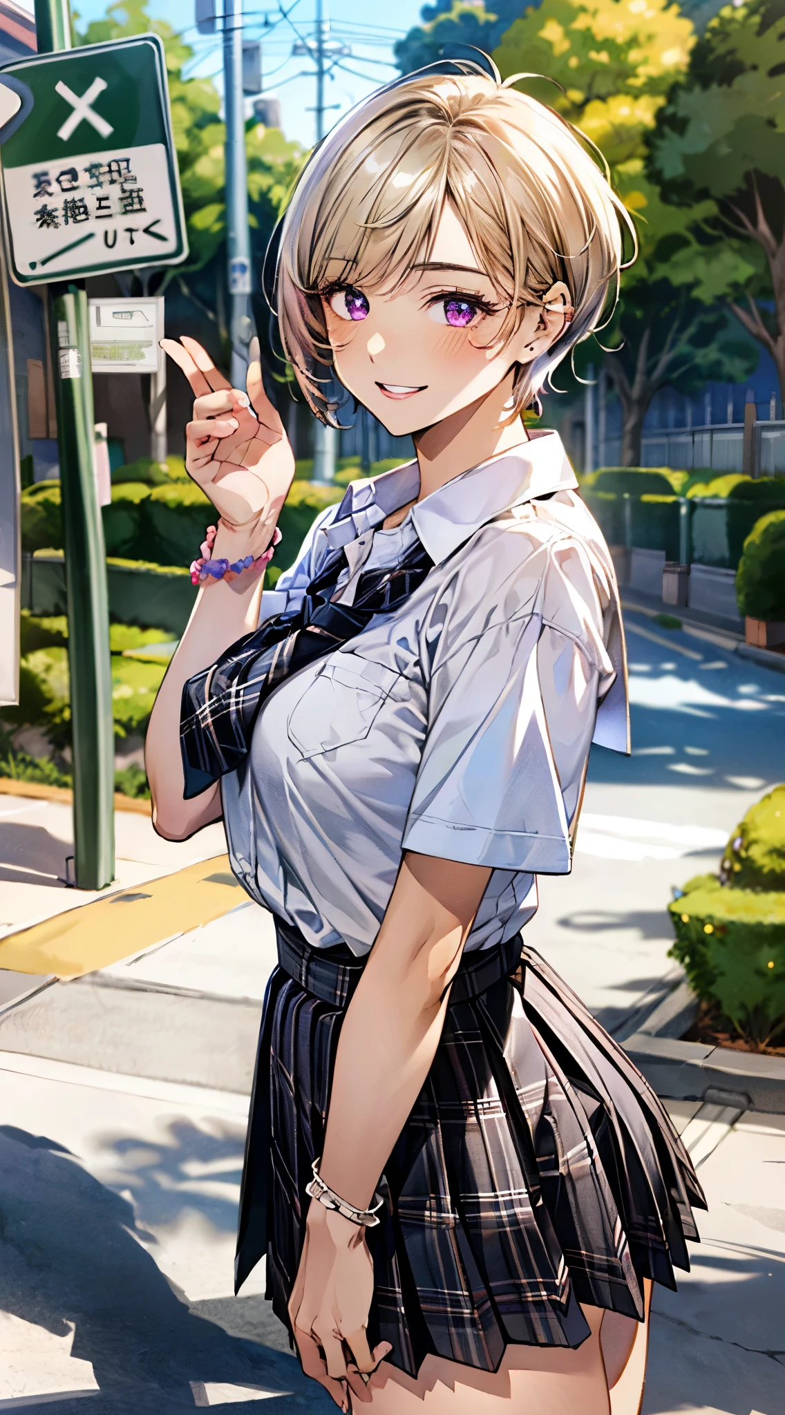 (masterpiece:1.3, top-quality), ultra high res, ultra detailed, (realistic, photorealistic:1.4), beautiful illustration, perfect lighting, colorful, depth of fields,
looking at viewer, 1 girl, solo, japanese, high school girl, gyaru, (large breasts:0.8, large ass, seductive thighs, skindentation),
(short hair:1.5, pixie cut:1.4), blonde hair, asymmetrical bangs, purple eyes, parted lips, (very tanned shiny skin),
beautiful hair, beautiful face, extremely detailed face, beautiful detailed eyes, beautiful clavicle, beautiful body, beautiful chest, beautiful thigh, beautiful legs, beautiful fingers,
(beautiful scenery), daytime, outdoors,
((collared short sleeve shirt, white shirt, school uniform, pink plaid pleated skirt, black tie)), white panties, polka dot hair scrunchie, bracelets,
(walking, (ok sign)), (seductive-smile),