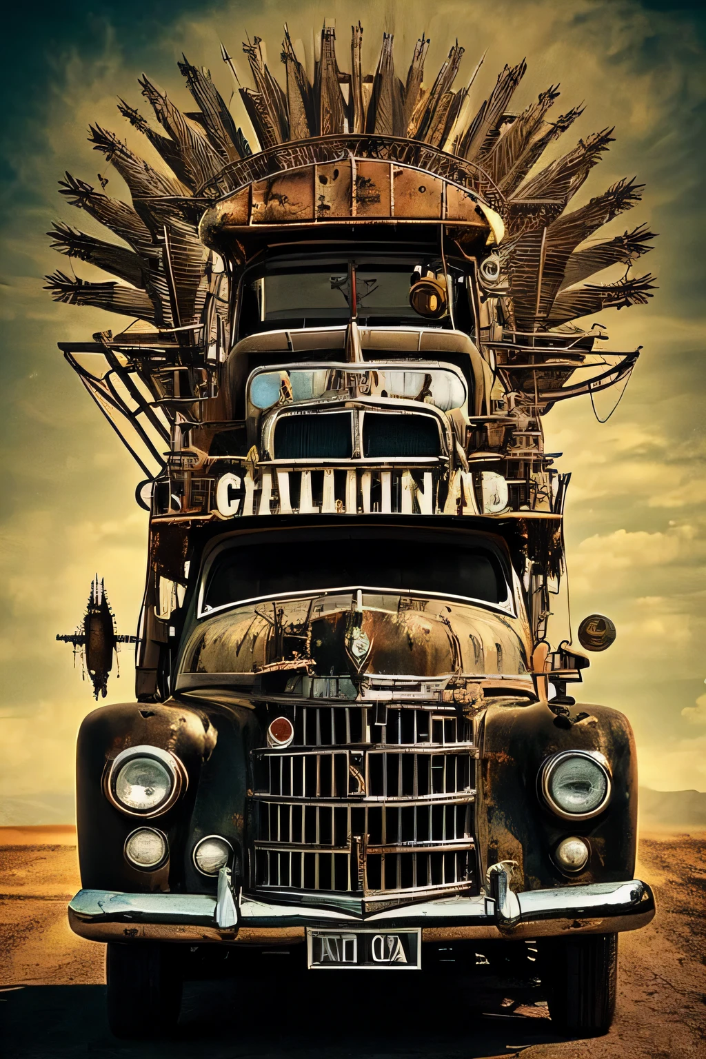 faithful image of an old rusty 1955 cadilac eldorado with spikes and spikes on the hood, military style with modifications, carro steampunk, dramatic art, estilo de arte dieselpunk, apocalyptic road warrior vibe, a girl with sunglasses is inside the car, Arte digital surreal, Mad Max inspirado, heavy metallic artwork, simetria da face cromada, arte Steampunk digital, It's not the Mad Max style, metallic art, It's not Filip Hodas' art style, arte digital steampunk, dieselpunk, em um mundo hightech