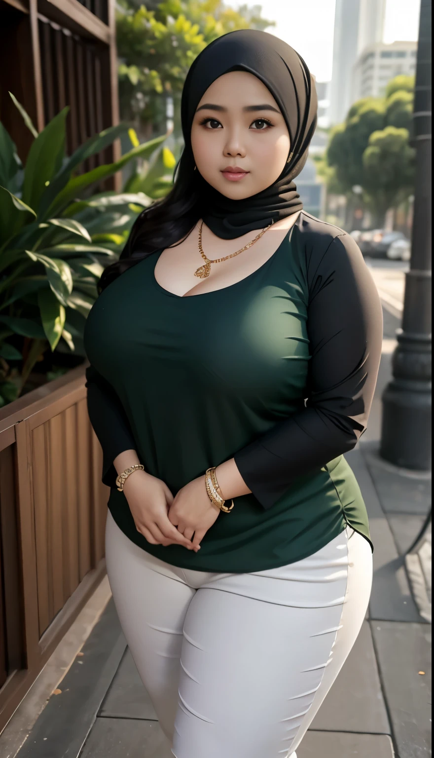 1 malay girl, modern plain hijab, shy, medium portrait, watery eyes, wearing dark green kebaya, ((big breasts)), black bokeh background, well-proportioned body,, chubby massive thighs, full body pose, wearing a necklace , wearing 10 bracelet , wearing a sneaker 