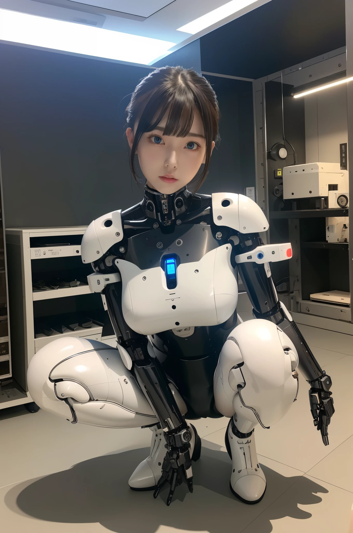 masterpiece, best quality, extremely detailed, Japanese android girl,Plump,control panels,Squat,Mechanical Hand,Robot arms and legs, black sponge joints,blunt bangs,white robot body,ceramic body,white long boots,perfect cyborg girl,charging spot,She is charging now,blue eyes